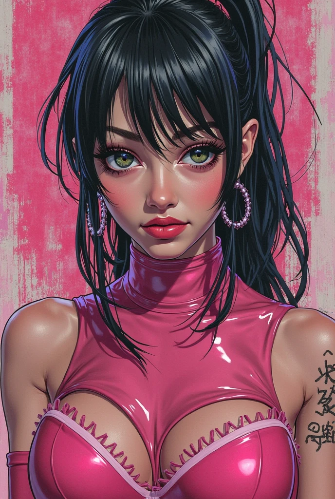 one asian girl, ada wong, solo, abs, slender body, (upper body, bust:1.2), black eyes, black hair, (pink clothes, tiny breasts, small breasts, male chest, cleavage, exposed breasts, deep cleavage:1.5), bare shoulders, masterpiece, highly detailed, look at viewer, shiny blured orange background, gradient sprayed background, front view, gradient red purple background, blured background, glowing edges of image