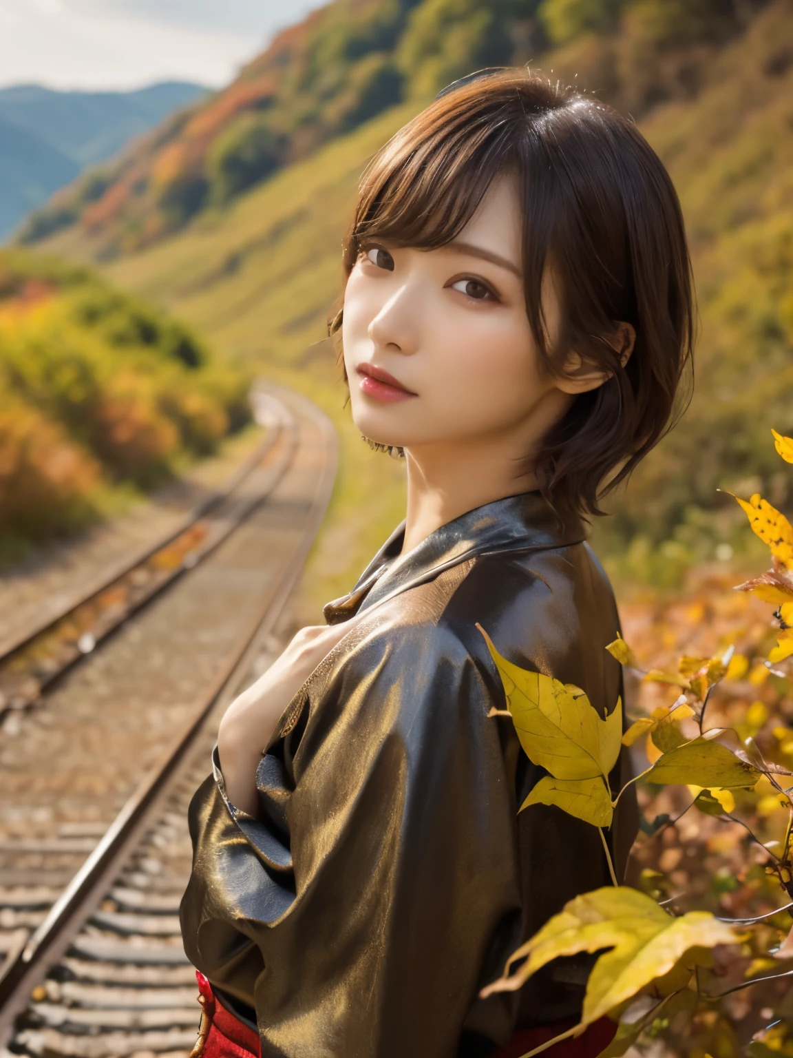 1 girl, A very beautiful portrait of a Japanese singer, ( Red Dress ), ( gothic makeup ),
(RAW Photo Best Quality), (Realistic, Realistic:1.4), (masterpiece),
Very detailed, 2k wallpaper, wonderful, finely, Very detailed, CG Unity 8k Wallpaper, Very detailed, high definition, Soft light,
Beautiful Girl Carefully Drawn in Every Detail, Very detailedな目と顔, Beautiful and Elegant Nose, beautiful beautiful eyes, Film Lighting, (Bromide photography ), (short hair), ( The girl is standing on an abandoned railway line in a rough mountainous area:1.2), ( covered with weeds and rusted railroad tracks ), (An unmanned home with no roof and weeds growing ), (Decayed sleeper ), (autumn leaves),
perfect anatomy, 細身の体, smaller breasts, Thin legs, whole body, I am so lonely,