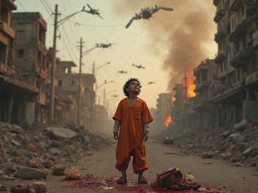 a Palestinian boy in worn, dirty clothing, dead ." messy, palestinien, curly hair, Dusty face and cloth,(( A destroyed city in the background, feu, cadavre humain sur le sol, certaines personnes pleurent, Destroyed building)), hyper detailed, Couleur dynamique, nuance noire et grise, Super Emotional Image, against a dark and haunting backdrop and surrounded by swirling black smoke.
