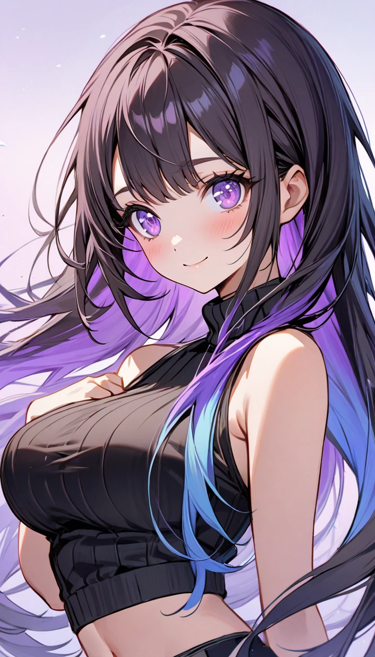 A 25 years old girl, her hair color DARK VIOLET , eye color purple, wearing sassafras black high neck sleeveless dress, smiling face, looking at viewer