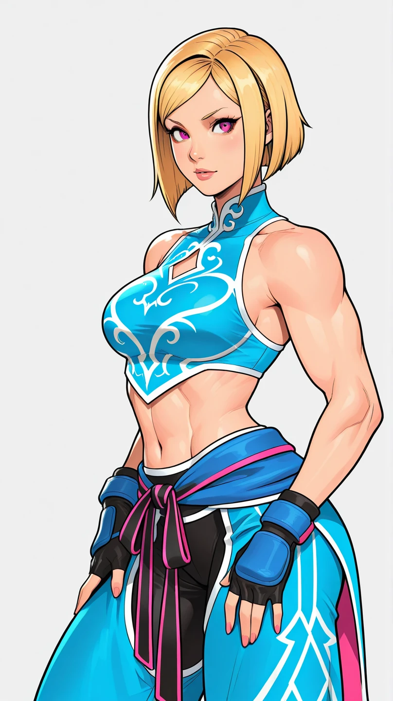 falke,blonde hair,green eyes,green lips,hair over one eye,short hair,
white headband,white bodysuit,turtleneck,belt,bracer,short pelvic curtain,white attire,
standing,upper body,smile,wide hips,
morning,temple,outdoors,
(insanely detailed, masterpiece, best quality),solo,<lora:falkeST:0.8>,