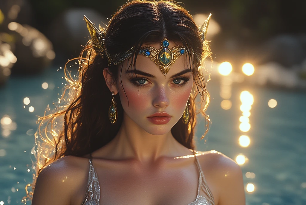 (masterpiece), (extremely intricate:1.3), (realistic), portrait of a muscular girl, ((((detailed mature 40year elven woman, ((blackout gothic eye makeup, red lips, strong square cleft chin, arrogant, [small breasts:medium breasts:0.8]), diamond tiara, golden hour, clear green eyes, long straight ginger hair, wedding dress, tanned skin)), emerald necklace)), freckles: 1.0), metal reflections, upper body, outdoors, intense sunlight, far away castle, professional photograph of a stunning woman detailed, sharp focus, dramatic, award winning, cinematic lighting, volumetrics dtx, (film grain, blurry background, blurry foreground, bokeh, depth of field, sunset, interaction), 8K