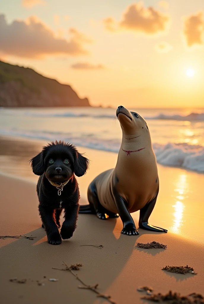 NSFW (nude) (Nami ((human)) large breasts, strip of pubic hair) rear view, fucking male furry Rottweiler with knotted penis, full body, on a deserted beach