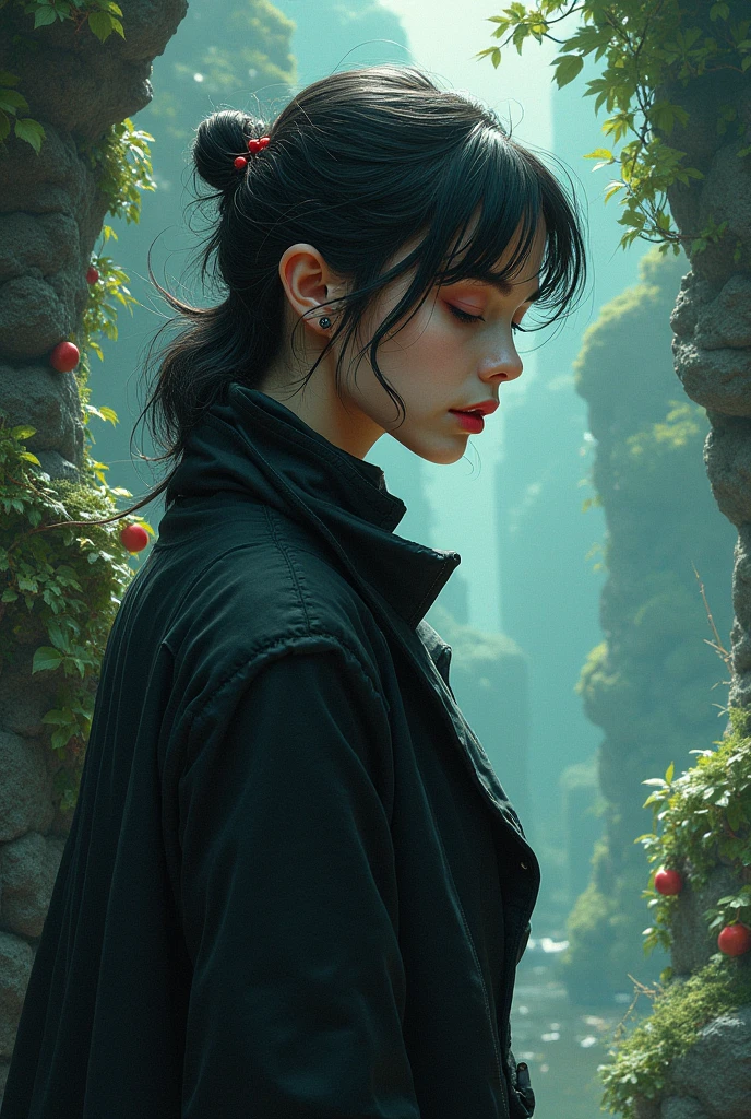 Jisoo, digital illustration art, detailed and intricate, Dense jungle, filled with exotic plants and animals, Sun light, seeping through the canopy, creating a spotty effect. In the style of Yoshitaka Amano and Hayao Miyazaki, tmasterpiece, proportional, Detailed, Popular at the art station, Beautiful lighting, realisti, an intricate, Award-winning, 4k, topquality, Award-winning, 4K digital painting in the style of Yoshitaka Amano. Detailed and intricate depiction of the zombie apocalypse, masterfully conveying the chaos and drama of the scene. Beautiful lighting and cinematic composition make this work a real masterpiece, Popular on ArtStation.