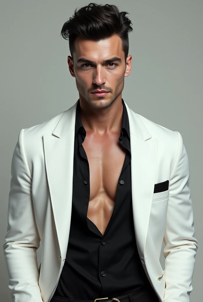 Beautiful  man 30 years old,  muscular body, barba rala, mas seu rosto esta iluminado pela fogueira. Creme formal trousers 