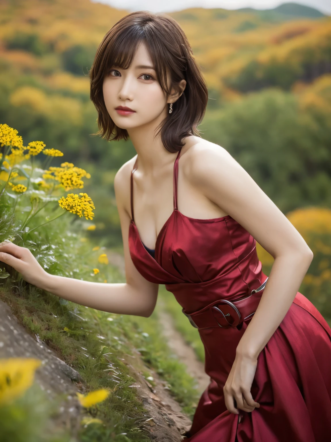1 girl, A very beautiful portrait of a Japanese singer, ( Red Dress), ( gothic makeup), (RAW Photo Best Quality), (Realistic, Realistic:1.4), (masterpiece), Very detailed, 2k wallpaper, wonderful, finely, Very detailed, CG Unity 8k Wallpaper, Very detailed, high definition, Soft light, Beautiful Girl Carefully Drawn in Every Detail, Very detailedな目と顔, Beautiful and Elegant Nose, beautiful beautiful eyes, Film Lighting, (Bromide photography), (short hair), (The girl is standing on an abandoned railway line in a rough mountainous area:1.2), ( covered with weeds road), (An unmanned home with no roof and weeds growing), (Decayed sleeper), (autumn leaves), perfect anatomy, 細身の体, smaller breasts, Thin legs, whole body, I am so lonely,
perfect anatomy, 細身の体, smaller breasts, Thin legs, whole body, I am so lonely, Random body orientation,