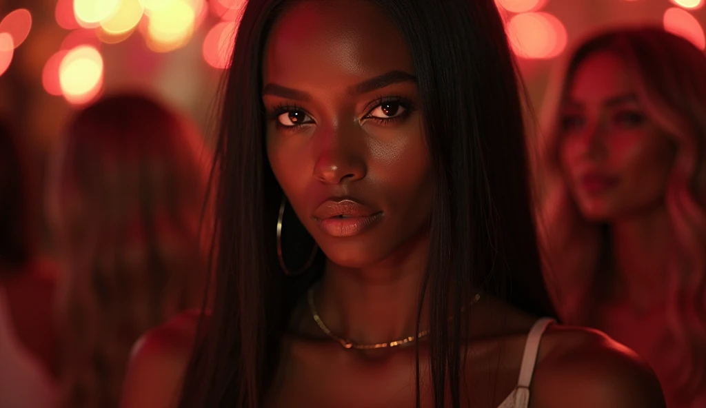 there is a black woman , the woman has, she has dark skin, with dark brownish skin, with long curly, long black loose moisturised curly hair she is taking a selfie at a nightclub