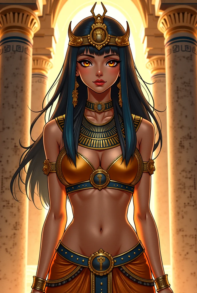 ((masterpiece,best quality)), absurdres,
<lora:Anubis_Citron_OC_Anime:1>, Anubis_Citron_OC, dark skin, black hair, yellow eyes, pelvic curtain, crop top, thighhighs,
,
solo, smiling, looking at viewer, cowboy shot,
cinematic composition, dynamic pose, contrapposto,