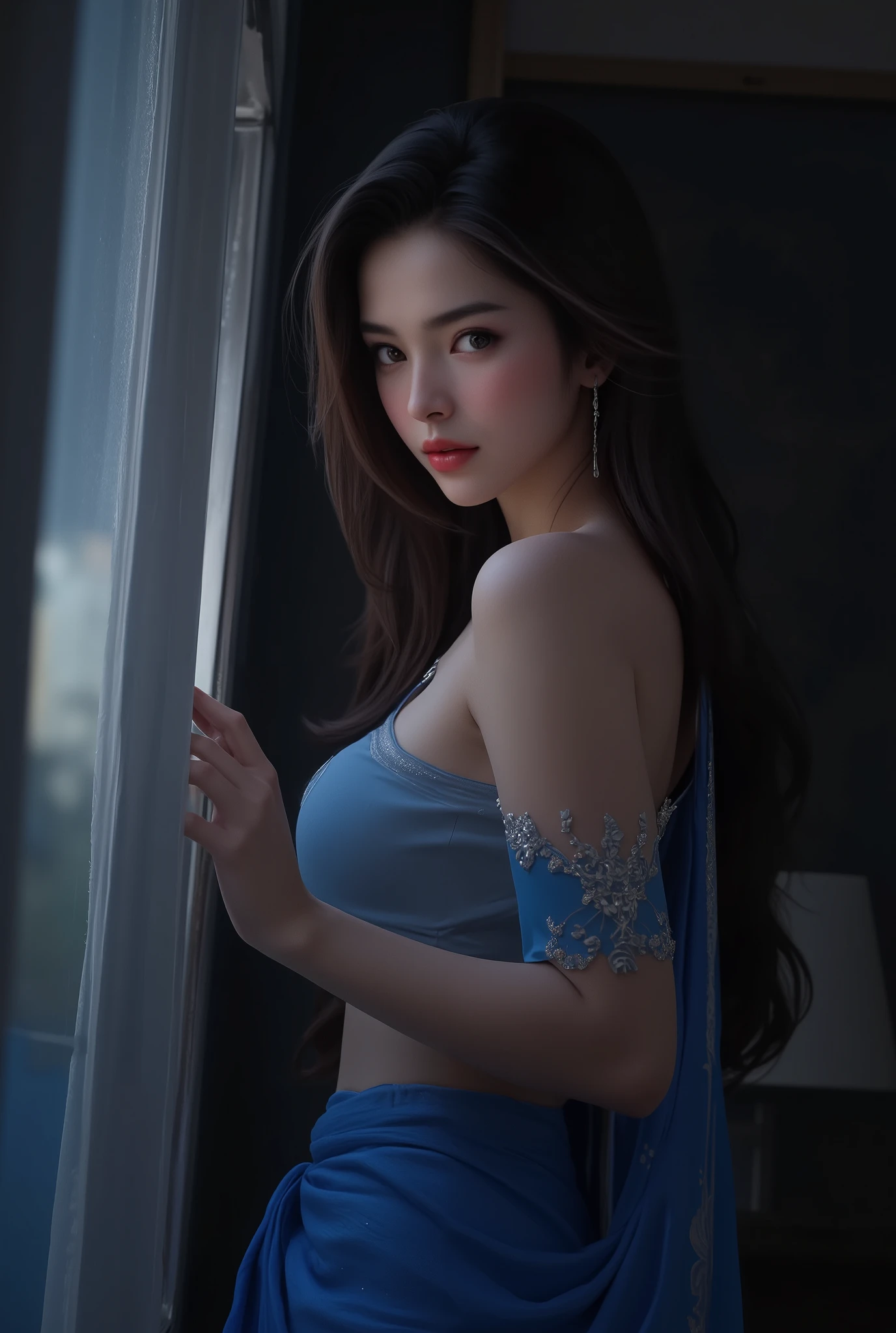 최고의 품질, 걸작, 초고해상도, (사실적인:1.4), RAW 사진, masterpiece, masterpiece_portrait, distinct, distinct_image, highres, high_resolution, high_quality, high_quality_anime, super_detail, hyper_detail, intricate_details, perfect_???????, perfect_body, perfect_navel, perfect_face, perfect_eyes, perfect_chest, perfect_nipples, perfect_hips, perfect_arms, perfect_hands, perfect_fingers, perfect_legs, perfect_feet, perfect_toe, 1girl, a_mixed_race_of_white_blood, artist, painter, small_face, two-tone_hair, absurdly_long_hair, wavy_hair, long_eyelashes, sky_blue_eyes, Pank_lips, slender, glamorous, thick_abs, thinwaist, slenderwaist, gigantic_breasts, thin_thighs, slender_thighs, slender_leg, cleavage_cutout, center_opening, layered_dress, collared_dress, high-low_dress, necklace, ceremonial_cotton_gloves, sitting, ( Hot spring background under the night sky:1.5), 