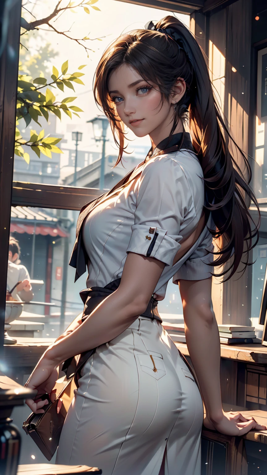 24-year-old woman、Sexy proportions、Long eyelashes、24-year-old female、Sexy proportions、Sexy breasts、Narrow waist、Long eyelashes、Cleavage Emphasis、Split Ponytail((split ponytail))、Tie-front shirt((tie front shirt))、Garter skirt((garter skirt))、San Francisco, USA、Sea View Hill、blue sky、Sunshine