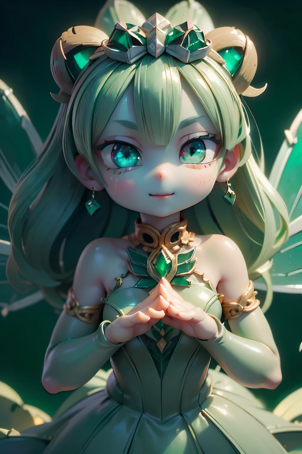 solo,1 Female,cute, cute,small ,Skin color is white,(Succulents Succulents Fairy:1.5),(Mysterious fairy:1.5),(An accurate and perfect hand:2.0),(Anatomically Accurate Hands:2.0),( ballerina pose :1.5),(Emerald Green Jewel-like Eyes:2.5),(Glittering Highlights Reflected Light:2.0),(Background is a Blue Sky and Beautiful Fresh Green Forest:1.5),(Yellow-green shiny semi-long hair:1.2),(is smiling:1.2),(with large transparent Dragonfly and agave wings growing on its back:1.7),(beautiful luxurious dress like metallic green Succulents:1.5),big cute smile,(Dragonfly's Beautiful Wings on Her Back:1.5),[Dragonfly Wings:1.5],(The background is a blue sky, beautiful fresh greenery, and an agave forest:1.5),(8k,very detailedCGユニットのwallpaper, masterpiece,high resolution, real texture skin,surrealistic,increase resolution,RAW photo,best quality,very detailed,wallpaper,Movie Lighting, Raytrace ,face close-up,(Face Light:2.0),(Increase overall color saturation:2.0),(cowboy shot:1.5), Frontal lighting ,
