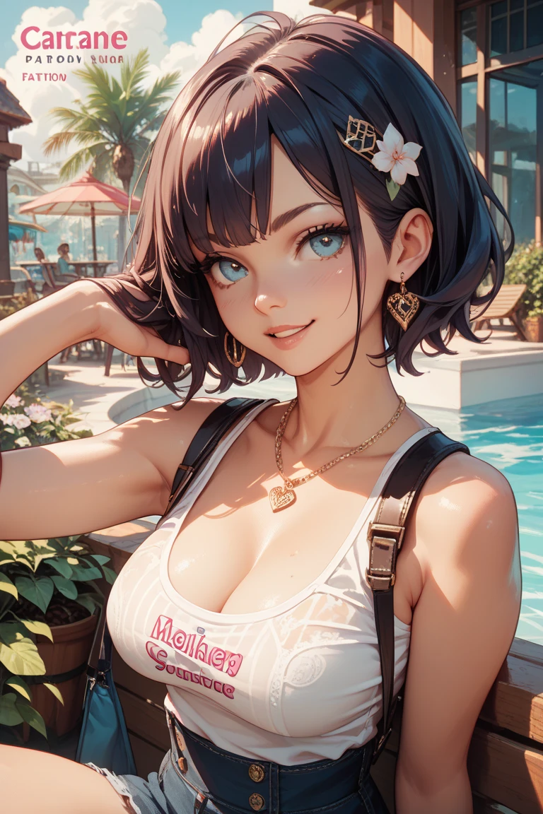 (4K, 8K, UHD, highres, masterpiece, best quality, absurdres, high quality), (depth of field), (camera from distance), cinematic lighting, pin light, backlighting, (sharp focus, view from below),
(((1girl, solo))), beautiful korean:1.3, japanese:1.2pointy hair, Oval-shaped face, Large and pretty cat-like eyes with thick eyelashes, Pointy nose, Small and pretty but plump lips, Thick eyebrows, Long and pretty eyelashes, Transparent makeup with a touch of pink blush and sparkling lip gloss, detailed beautiful face,
perfect anatomy, ((hugebreasts:0.7, breasts apart:1.2)), narrow waist, wide hips, large pelvis, blush:1.1, (((shiny skin))),  show legs, detailed beautiful body,
((The Strappy One-Piece: A one-piece swimsuit with numerous thin straps, creating a cage-like or lattice effect and revealing sections of skin), earrings, necklace, bracelet), 
standing under a palm tree, (beach, cloud, Mediterranean, outdoors, palm tree),