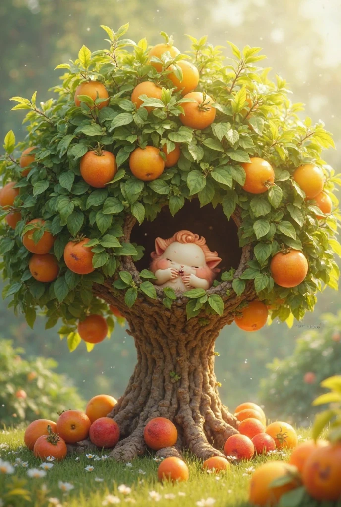 little faerie sleeping high up in an orange tree clinging to an orange, smiling peacefully, the sun is going down and covers everything in its red light, 8k, epic realistic, high detail, side view