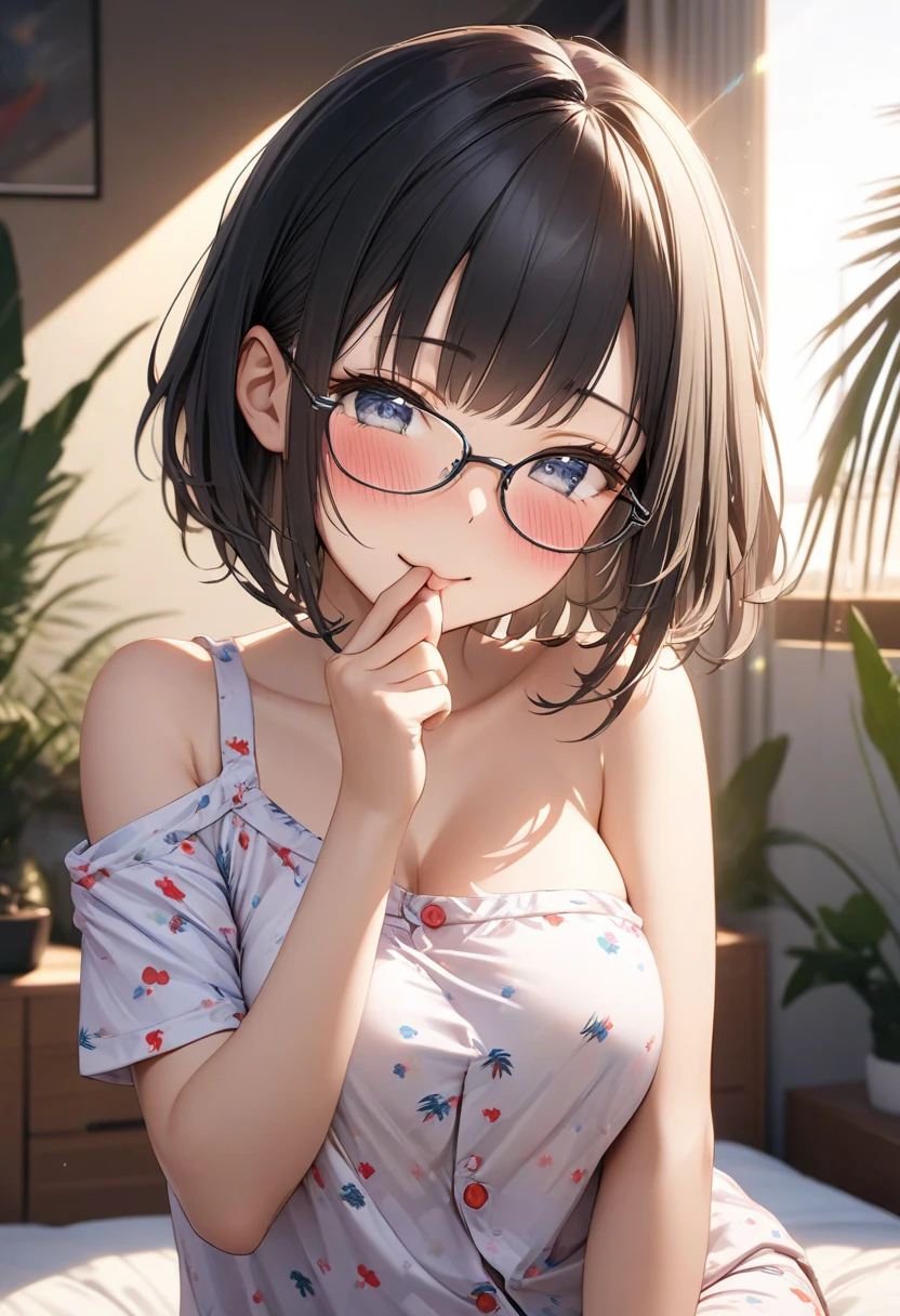 Anime nerdy girl, black hair, hair highlights, yellow eyes, tan skin, full body, nail polish, very embarrased, dressing room, cute frilly stripped underwear, round glasses