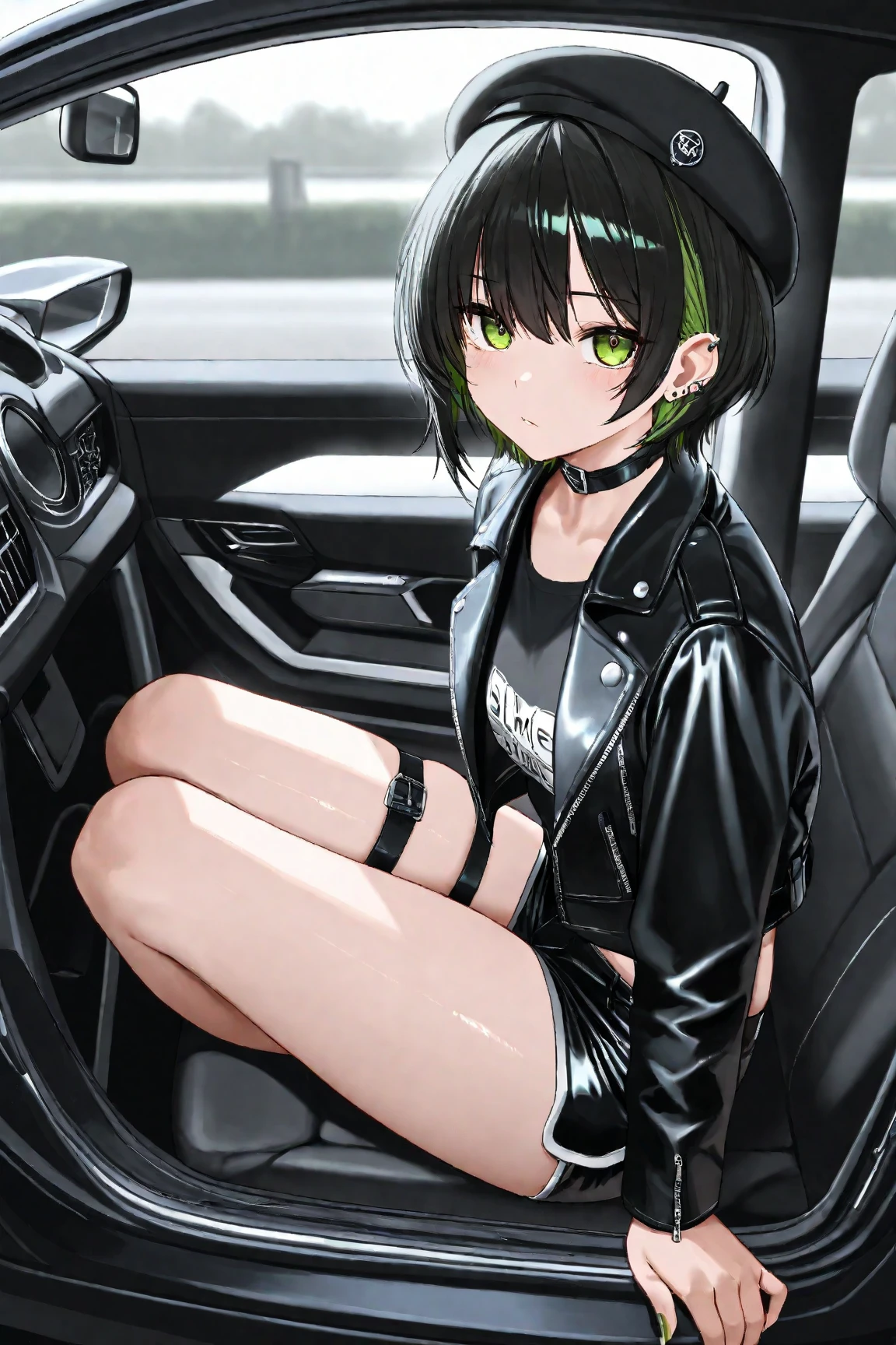 Ridiculous resolution, Ultra-detailed, Best Quality, Illustration, 8K, 超A high resolution, 细致背景、Delicate drawing、-yeld beiful girl、Deep ash hair、Blue Inner Color、Pixie Short、Forehead、eye glass、Short、Tiny、Pin Heel Midnight、 slender, cum in ,straight haired、Short hair, Slender eyes , (((Sweat)))、Leather Turtleneck Dress、Pin Heel Sandals、beauty legs、Oil, Wear a fancy jacket、((Drunk)), Pose inviting a man、
Holding a beer bottle、natta、inside of a car、Sleeping in the back seat of a car、Purple light-up