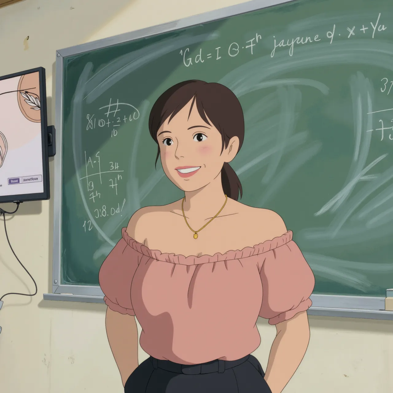 A teacher wearing a blue teacher&#39;s uniform with white stripes with blue jewelry around her body and golden chains on her clothes with her standing in a large classroom full of chairs and she is in front of a board holding a chalkboard with a bow white luver and having blue eyes and having brown hair like her having black skin with her having long and tied up hair she being sitting on the classroom table with her having big and gigantic breasts and huge hips and huge hips and giant and big thighs