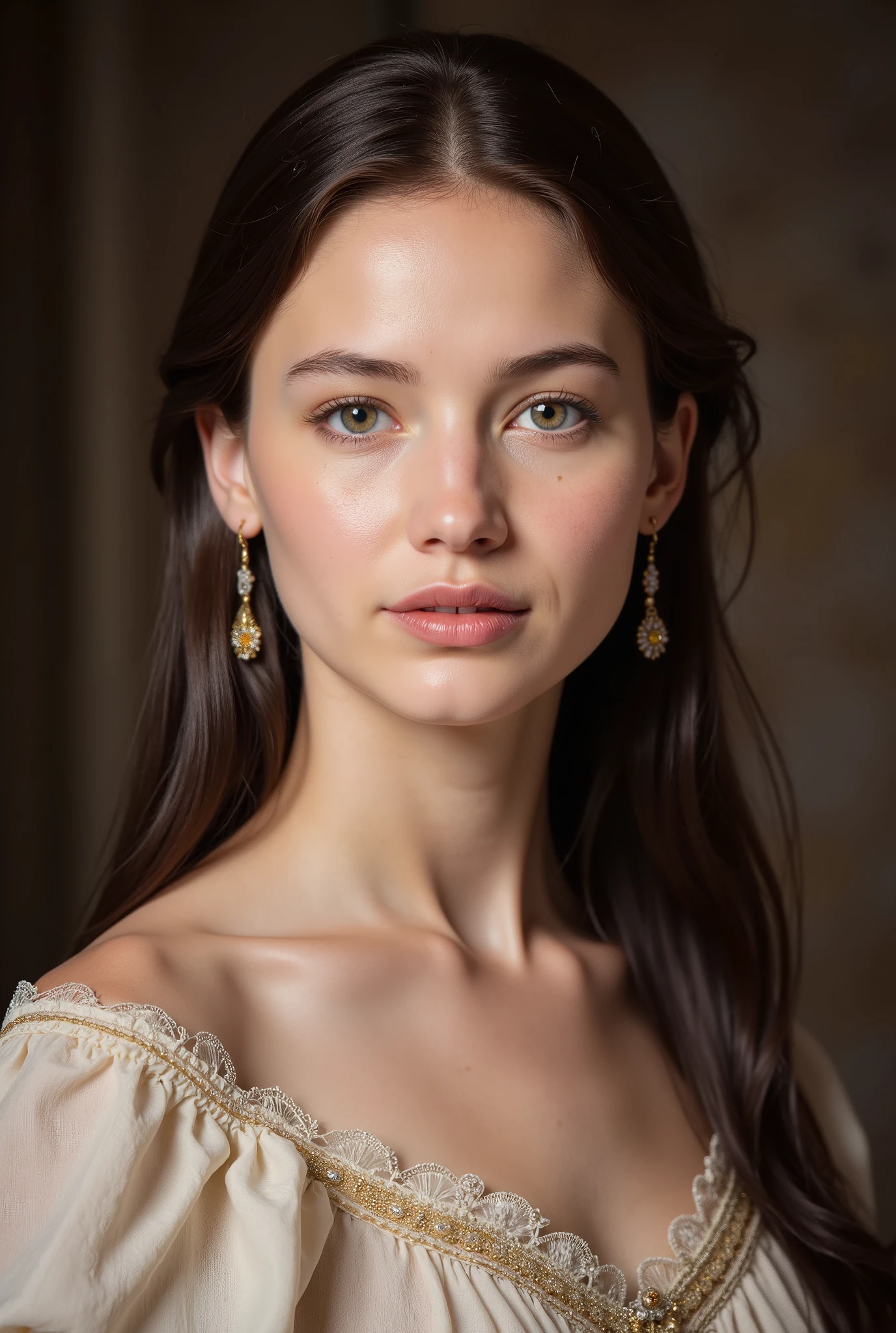 (masterpiece), gorgous young ancient European woman, (ancient dress), (close up portrait), neat and ordery hair, (frontal view), highlighted intricate details, ultra detailed facial features, harmonious color palette, showcasing grace and beauty, winning award quality, (symmetric face), (symmetric body), ultra-detailed, 8K resolution, capturing cultural essence in exquisite artistry, serene and enchanting ambiance.