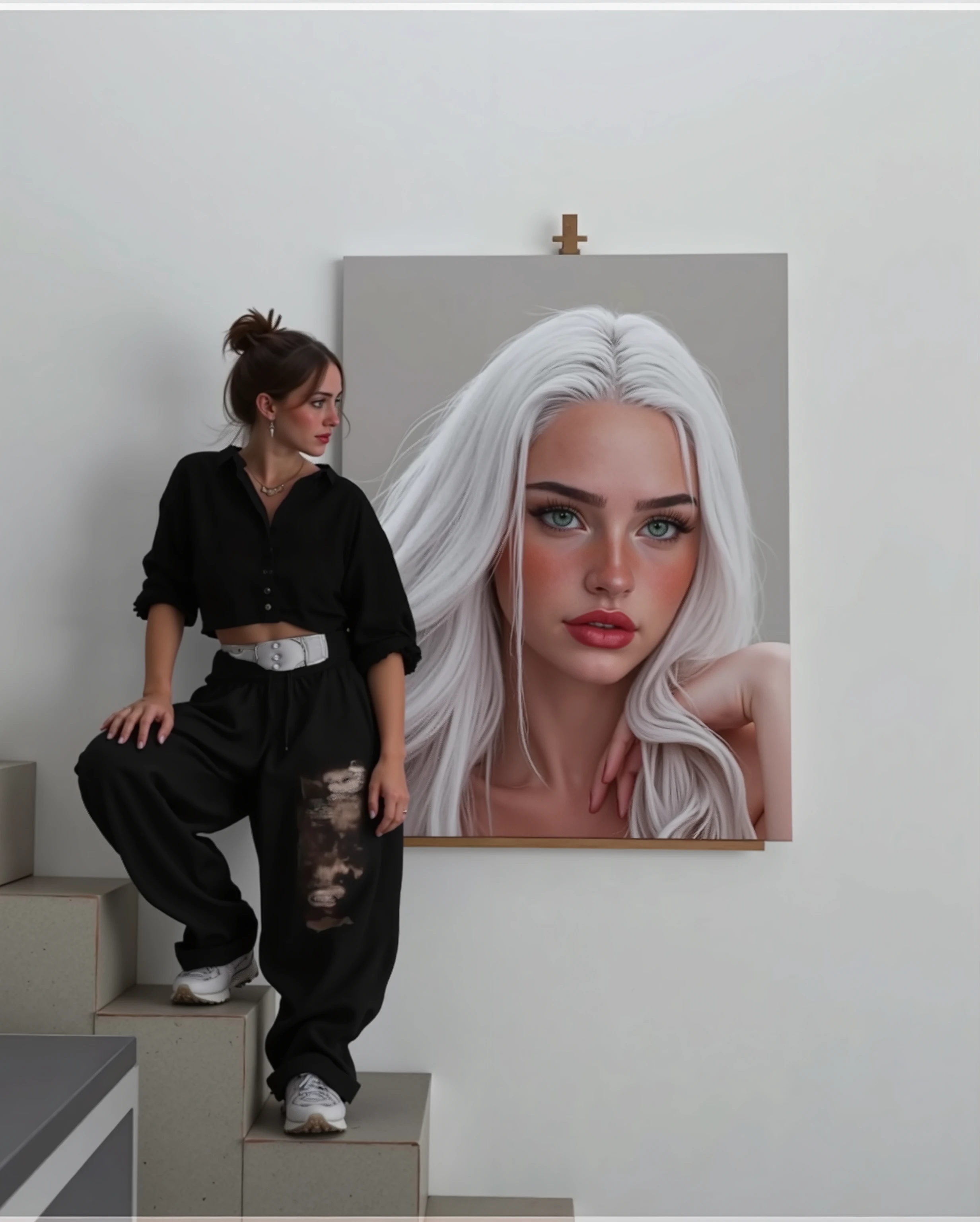Long brunette straight hair, green eyes, long hair, next a canva , Anatomically Correct,