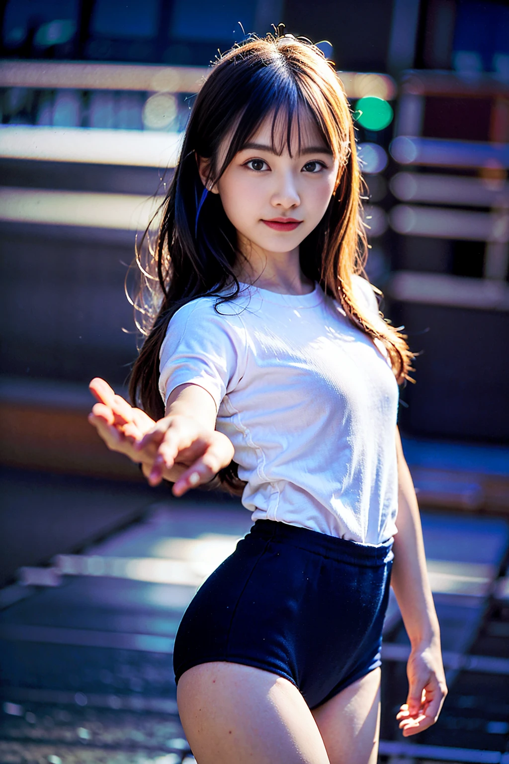 Big Jump、Angle from below、Hair blowing in the wind、typhoon、Flip Up Skirt、Flip-up skirt、Female university student、highest quality、Bokeh、super strong wind、
