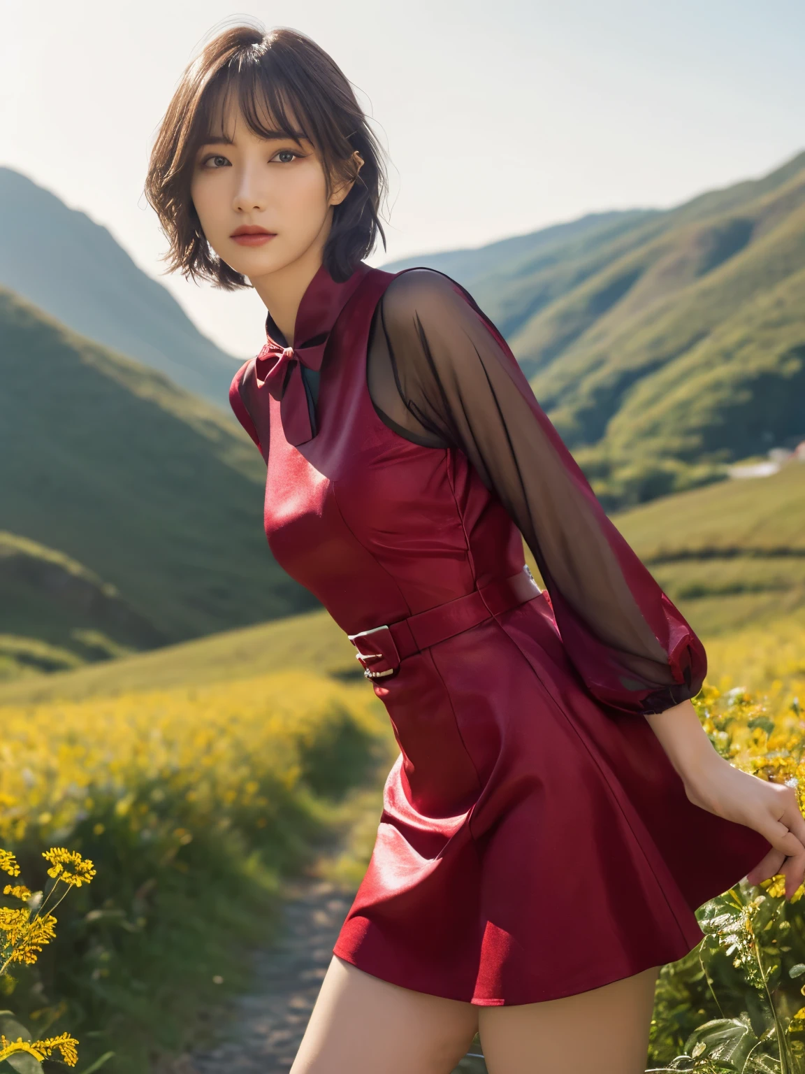 1 girl, A very beautiful portrait of a Japanese singer, ( Red Dress), ( gothic makeup), (RAW Photo Best Quality), (Realistic, Realistic:1.4), (masterpiece), Very detailed, 2k wallpaper, wonderful, finely, Very detailed, CG Unity 8k Wallpaper, Very detailed, high definition, Soft light, Beautiful Girl Carefully Drawn in Every Detail, Very detailed eyes with face, Beautiful and Elegant Nose, beautiful beautiful eyes, Film Lighting, (Bromide photography), (short hair), (The girl is standing on an abandoned railway line in a rough mountainous area:1.2), ( covered with weeds road), (An unmanned home with no roof and weeds growing), (Decayed sleeper), (autumn leaves), perfect anatomy, slender body, smaller breasts, Thin legs, whole body, I am so lonely, perfect anatomy, 細身の体, smaller breasts, Thin legs, whole body, I am so lonely, Random body orientation,