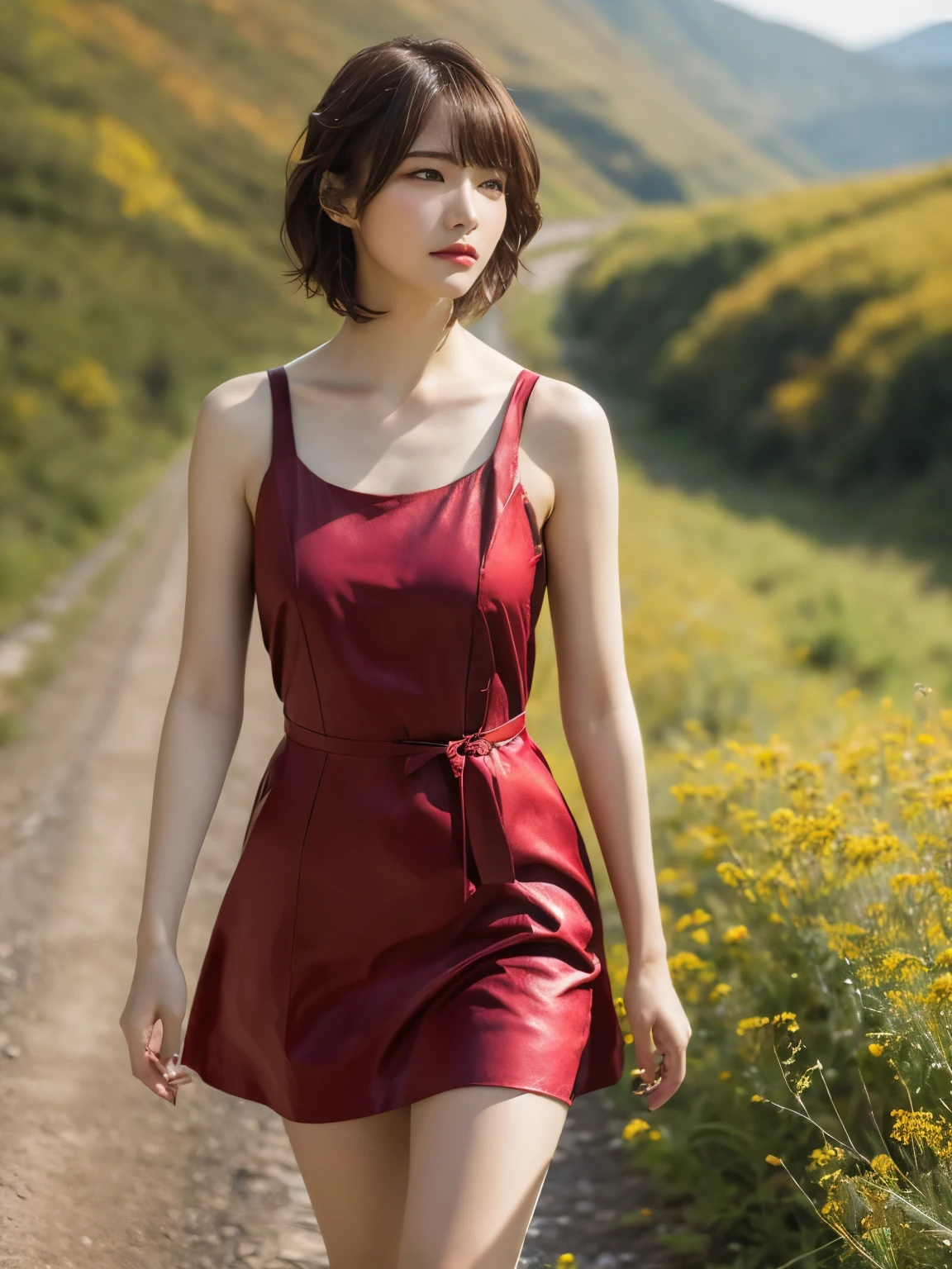 1 girl, A very beautiful portrait of a Japanese singer, ( Red Dress), ( gothic makeup), (RAW Photo Best Quality), (Realistic, Realistic:1.4), (masterpiece), Very detailed, 2k wallpaper, wonderful, finely, Very detailed, CG Unity 8k Wallpaper, Very detailed, high definition, Soft light, Beautiful Girl Carefully Drawn in Every Detail, Very detailed eyes with face, Beautiful and Elegant Nose, beautiful beautiful eyes, Film Lighting, (Bromide photography), (short hair), (The girl is standing on an abandoned railway line in a rough mountainous area:1.2), ( covered with weeds road), (An unmanned home with no roof and weeds growing), (Decayed sleeper), (autumn leaves), perfect anatomy, slender body, smaller breasts, Thin legs, whole body, I am so lonely, perfect anatomy, 細身の体, smaller breasts, Thin legs, whole body, I am so lonely, Random body orientation,