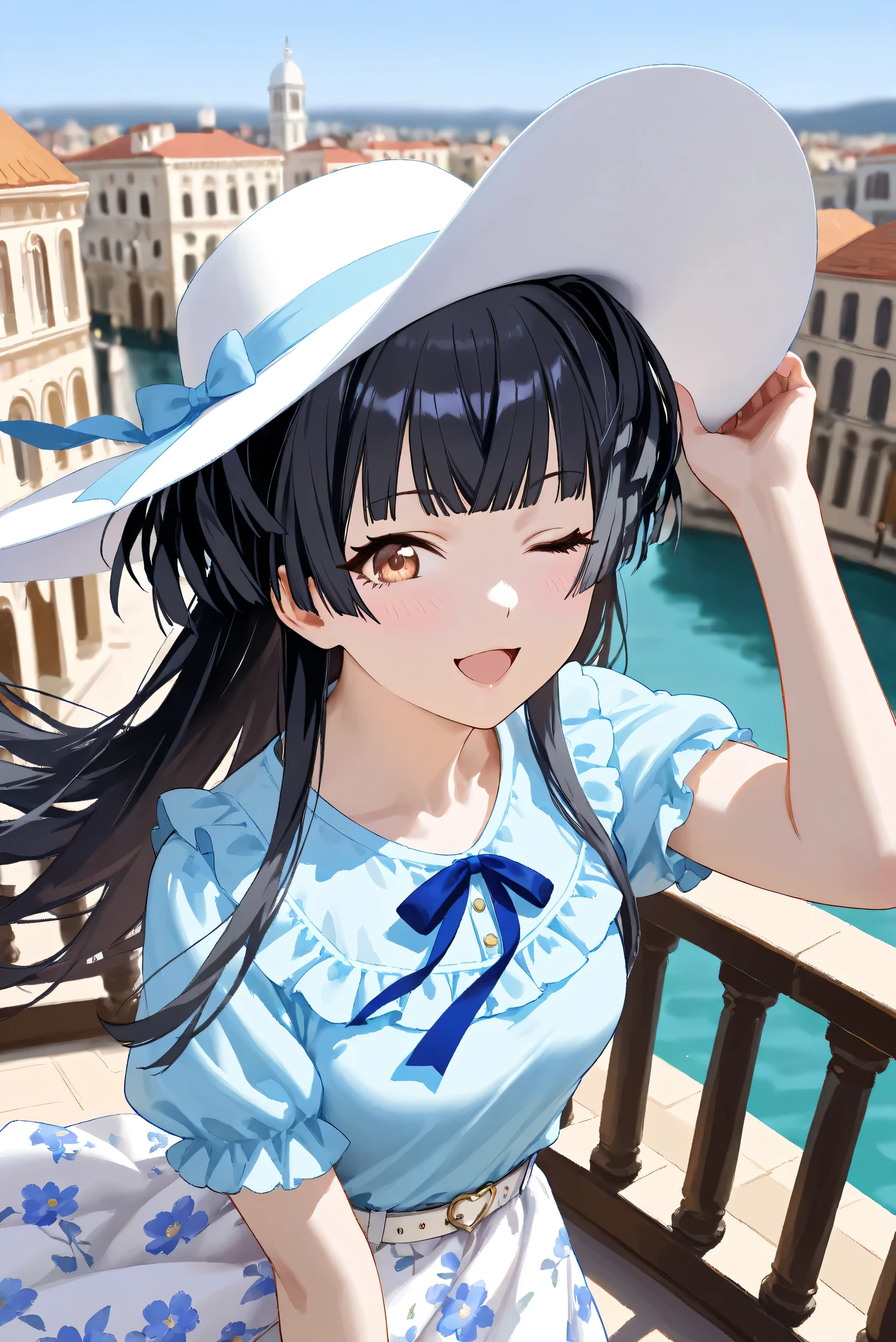 (Masterpiece), (Highest quality), (Very detailed),
(The best shape), (Best Shadow), (Absurd),
(Detailed background), (So beautiful), Shiny ,
Extraordinary, Countershading, 8k, 32K, High resolution, Beautiful eyes in every detail,
Very Detailed CG, UHD,
Score_9, Score_8_up, Score_7_up, Source_anime,
(Pastel painting:1.2), (Watercolor painting:1.2),
(Masterpiece, Detailed:1.2), (Foreshortening:1.2),
from above,
Cinematic, Dramatic, (Depth of field:1.4),
(Blurry background:1.4), (Realistic background:1.4),
(Foreshortening:1.3),Dynamic angle, 1 girl, solo,
Venice, Venice Building, Nature, Blue sky, (Wind:1.1),
On top of a tall building, Balcony,
Mayuzumi Fuyuko,
The idolmaster shiny colors,
mayuzumi_fuyuko, 1girl, black hair, two side up, brown eyes, small breasts,
(Casual wear:1.3),
Light blue shirt, Short sleeves shirt, Frills,
ribbon, Blue ribbon,
Skirt, White skirt, Floral print skirt, Belt, White belt,
Wide Brim Hat, (White hat:1.2), Blue ribbon,
portrait, Focus on face, (close up shot:1.2),
(Blush:1.3), smile, one eye closed, open mouth,
Hold the hat in her hand,
Realistic skin, Shiny skin,