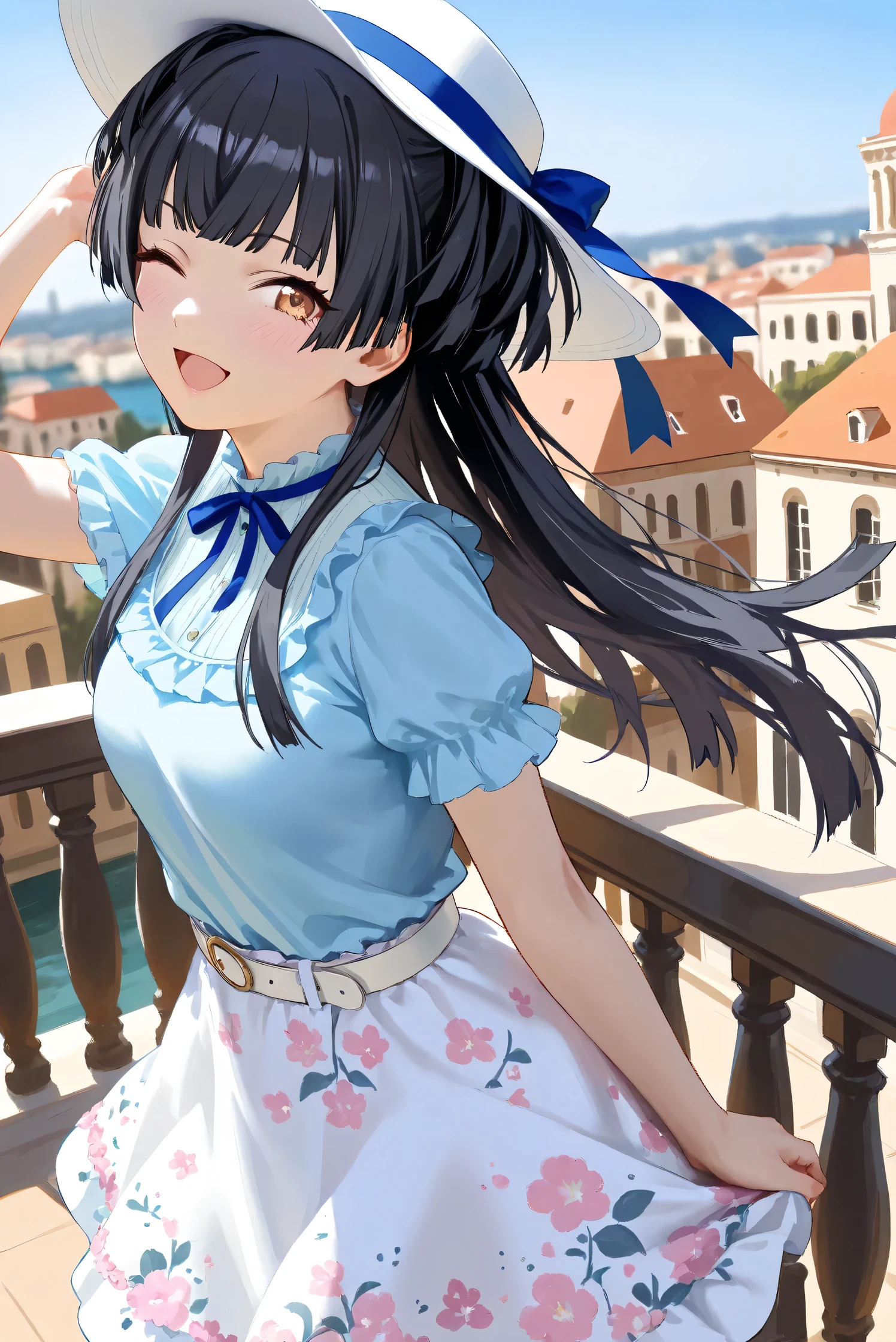 (Masterpiece), (Highest quality), (Very detailed),
(The best shape), (Best Shadow), (Absurd),
(Detailed background), (So beautiful), Shiny ,
Extraordinary, Countershading, 8k, 32K, High resolution, Beautiful eyes in every detail,
Very Detailed CG, UHD,
Score_9, Score_8_up, Score_7_up, Source_anime,
(Pastel painting:1.2), (Watercolor painting:1.2),
(Masterpiece, Detailed:1.2), (Foreshortening:1.2),
from above,
Cinematic, Dramatic, (Depth of field:1.4),
(Blurry background:1.4), (Realistic background:1.4),
(Foreshortening:1.3),Dynamic angle, 1 girl, solo,
Venice, Venice Building, Nature, Blue sky, (Wind:1.1),
On top of a tall building, Balcony,
Mayuzumi Fuyuko,
The idolmaster shiny colors,
mayuzumi_fuyuko, 1girl, black hair, two side up, brown eyes, small breasts,
(Casual wear:1.3),
Light blue shirt, Short sleeves shirt, Frills,
ribbon, Blue ribbon,
Skirt, White skirt, Floral print skirt, Belt, White belt,
Wide Brim Hat, (White hat:1.2), Blue ribbon,
portrait, Focus on face, (close up shot:1.2),
(Blush:1.3), smile, one eye closed, open mouth,
Hold the hat in her hand,
Realistic skin, Shiny skin,