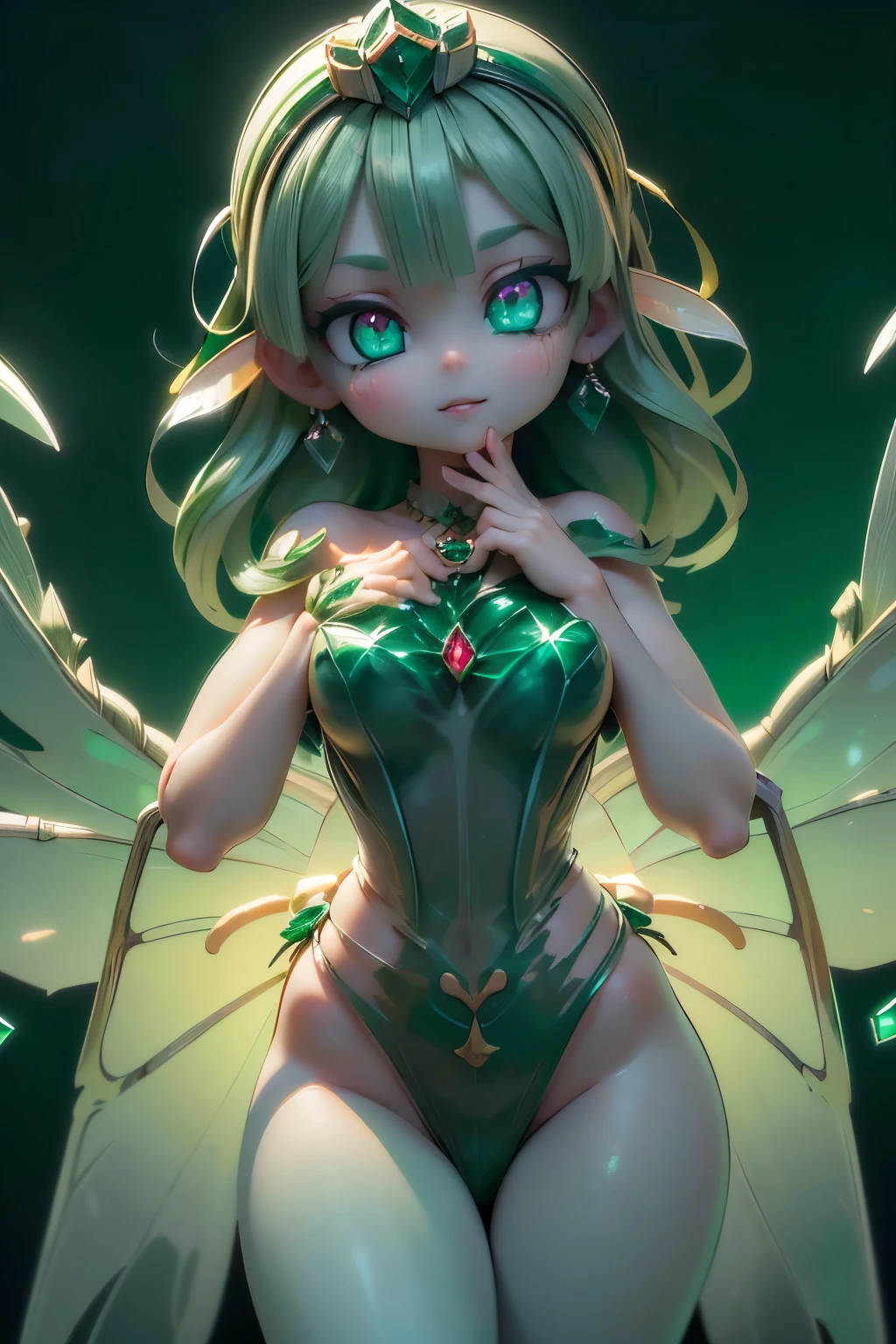 solo,1 Female,cute, cute,small ,Skin color is white,(Succulents Succulents Fairy:1.5),(Mysterious fairy:1.5),(An accurate and perfect hand:2.0),(Anatomically Accurate Hands:2.0),( ballerina pose :1.5),(Emerald Green Jewel-like Eyes:2.5),(Glittering Highlights Reflected Light:2.0),(Background is a Blue Sky and Beautiful Fresh Green Forest:1.5),(Yellow-green shiny semi-long hair:1.2),(is smiling:1.2),(with large transparent Dragonfly and agave wings growing on its back:1.7),(beautiful luxurious dress like metallic green Succulents:1.5),big cute smile,(Dragonfly's Beautiful Wings on Her Back:1.5),[Dragonfly Wings:1.5],(The background is a blue sky, beautiful fresh greenery, and an agave forest:1.5),(8k,very detailedCGユニットのwallpaper, masterpiece,high resolution, real texture skin,surrealistic,increase resolution,RAW photo,best quality,very detailed,wallpaper,Movie Lighting, Raytrace ,face close-up,(Face Light:2.0),(Increase overall color saturation:2.0),(cowboy shot:1.5), Frontal lighting ,