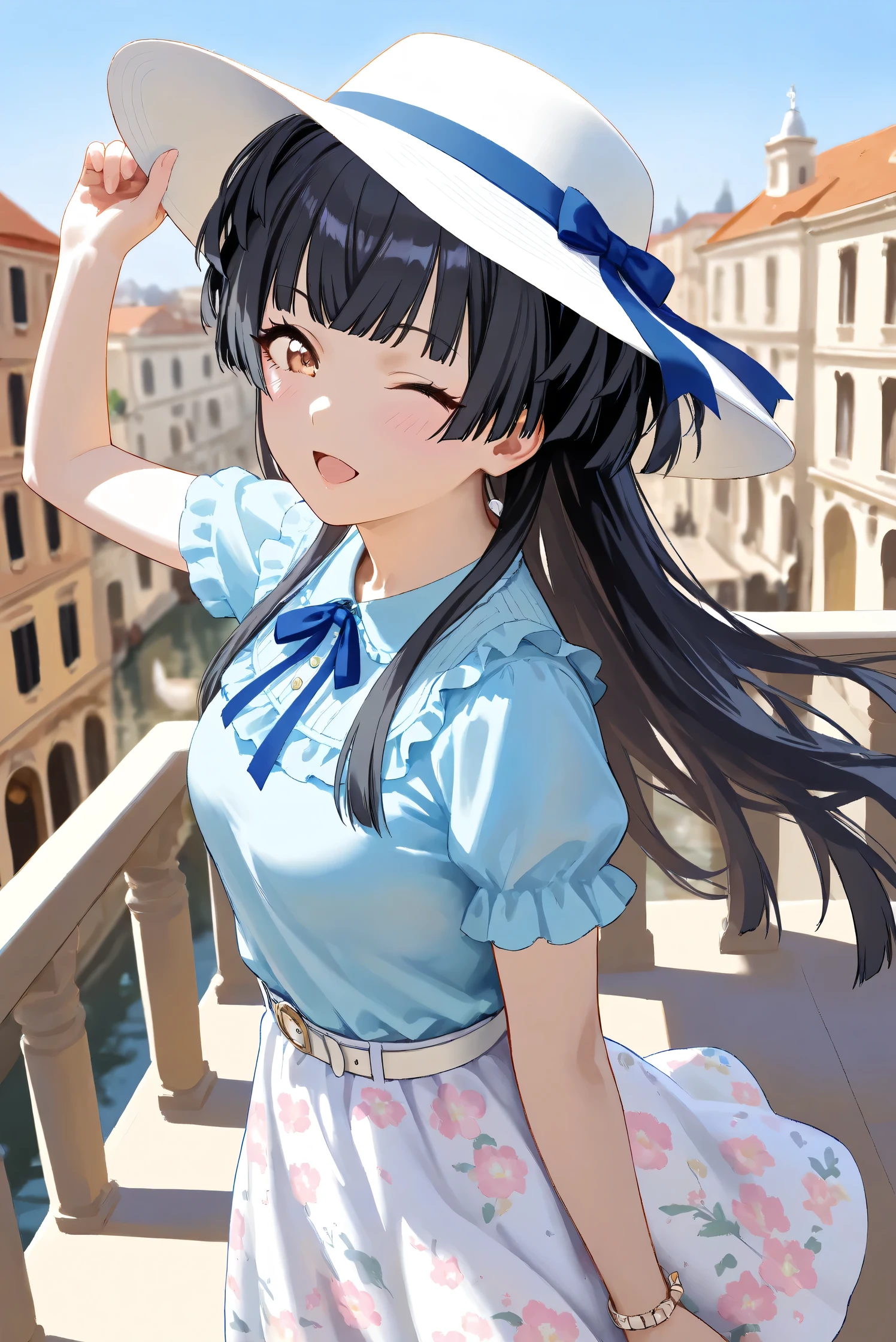(Masterpiece), (Highest quality), (Very detailed),
(The best shape), (Best Shadow), (Absurd),
(Detailed background), (So beautiful), Shiny ,
Extraordinary, Countershading, 8k, 32K, High resolution, Beautiful eyes in every detail,
Very Detailed CG, UHD,
Score_9, Score_8_up, Score_7_up, Source_anime,
(Pastel painting:1.2), (Watercolor painting:1.2),
(Masterpiece, Detailed:1.2), (Foreshortening:1.2),
from above,
Cinematic, Dramatic, (Depth of field:1.4),
(Blurry background:1.4), (Realistic background:1.4),
(Foreshortening:1.3),Dynamic angle, 1 girl, solo,
Venice, Venice Building, Nature, Blue sky, (Wind:1.1),
On top of a tall building, Balcony,
Mayuzumi Fuyuko,
The idolmaster shiny colors,
mayuzumi_fuyuko, 1girl, black hair, two side up, brown eyes, small breasts,
(Casual wear:1.3),
Light blue shirt, Short sleeves shirt, Frills,
ribbon, Blue ribbon,
Skirt, White skirt, Floral print skirt, Belt, White belt,
Wide Brim Hat, (White hat:1.2), Blue ribbon,
portrait, Focus on face, (close up shot:1.2),
(Blush:1.3), one eye closed, open mouth,
Hold the hat in her hand,
Realistic skin, Shiny skin,