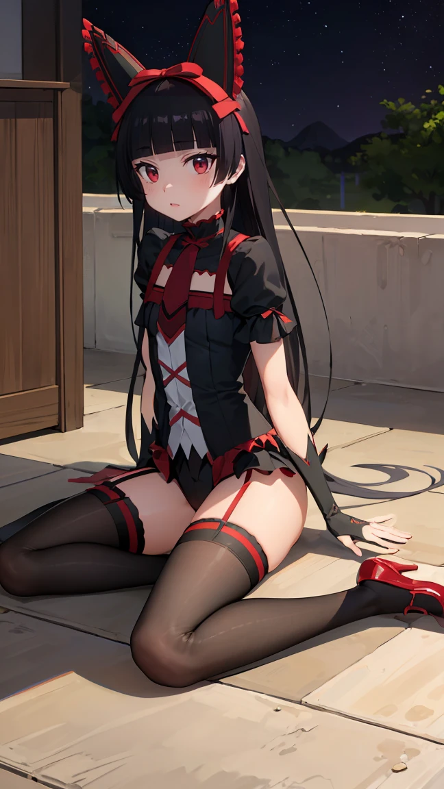Rory Mercurio, Rory Mercurio, pelo negro, flequillo contundente, corte de hime, adorno para el pelo, black lipstick, cabello largo, cara enojada, constituir, (:1.2), (ojos rojos:1.5), ROMPER Gothic underwear, el cuerpo perfecto (little chest:1.3) cachonda,  ROMPER in full growth, zapatos rojos, ROMPER Black Stockings, Black Gloves ROMPER, black Muslos, correas de liga, guantes, Gothic, Lazo para el pelo, Gothic fashion, puffy mangas cortas, mangas hinchadas, mangas cortas, Muslos, ROMPER, cielo nocturno estrellado, ciudad de noche, ROMPER looks at the viewer, ROMPER (obra maestra:1.2), Mejor calidad, high resolution, Fondo de pantalla de unidad 8k, (illustration:0.8), (hermosos detalles ojos:1.6), cara extremadamente detallada, perfect lighting, CGI extremadamente detallado, (brazos perfectos, perfect anatomy),