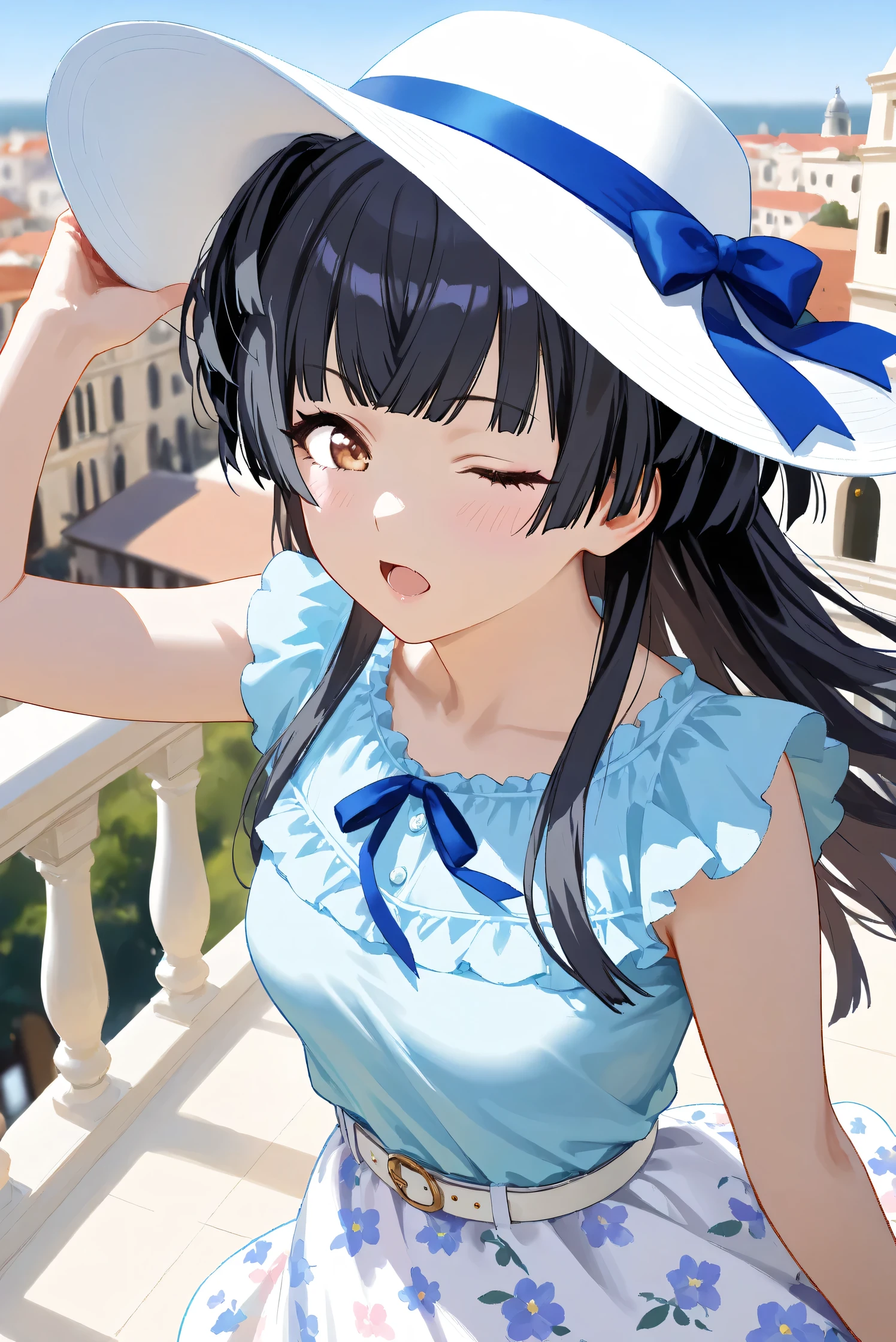 (Masterpiece), (Highest quality), (Very detailed),
(The best shape), (Best Shadow), (Absurd),
(Detailed background), (So beautiful), Shiny ,
Extraordinary, Countershading, 8k, 32K, High resolution, Beautiful eyes in every detail,
Very Detailed CG, UHD,
Score_9, Score_8_up, Score_7_up, Source_anime,
(Pastel painting:1.2), (Watercolor painting:1.2),
(Masterpiece, Detailed:1.2), (Foreshortening:1.2),
from above,
Cinematic, Dramatic, (Depth of field:1.4),
(Blurry background:1.4), (Realistic background:1.4),
(Foreshortening:1.3),Dynamic angle, 1 girl, solo,
Venice, Venice Building, Nature, Blue sky, (Wind:1.1),
On top of a tall building, Balcony,
Mayuzumi Fuyuko,
The idolmaster shiny colors,
mayuzumi_fuyuko, 1girl, black hair, two side up, brown eyes, small breasts,
(Casual wear:1.3),
Light blue shirt, Short sleeves shirt, Frills,
ribbon, Blue ribbon,
Skirt, White skirt, Floral print skirt, Belt, White belt,
Wide Brim Hat, (White hat:1.2), Blue ribbon,
portrait, Focus on face, (close up shot:1.2),
(Blush:1.3), one eye closed, open mouth,
Hold the hat in her hand,
Realistic skin, Shiny skin,