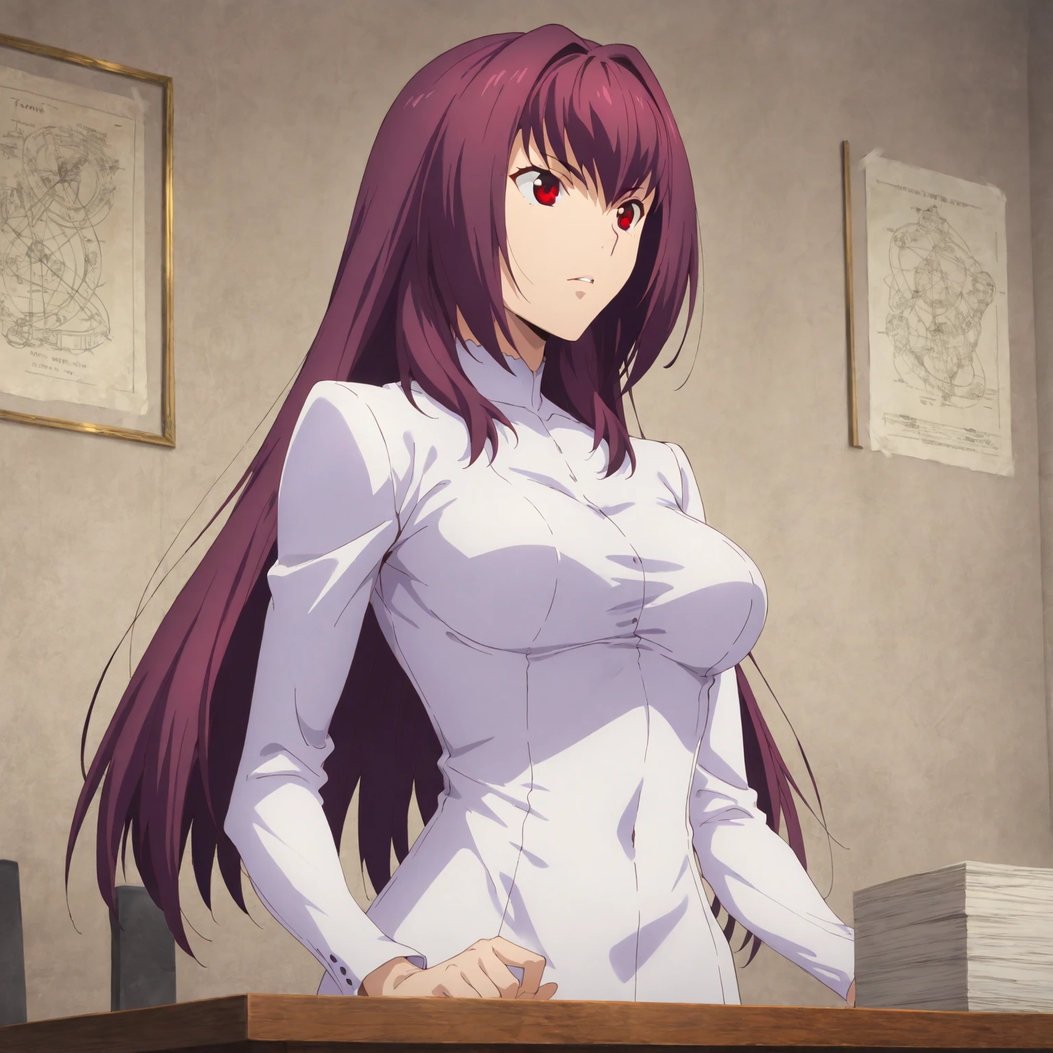 (masterpiece, best quality), 1girl, vitaly tynyanov, white skin, red hair, very long red hair, hair bangs, hair ahoge, hair sidelocks, headphones with microphone, yellow eyes, large breasts, cleavage, purple tie between breast, black and purple lace up top outfit, black mini skirt, white lab coat, black gloves, leggings, black heel high boots, standing, classroom, <lora:vitaly tynyanov:0.8>