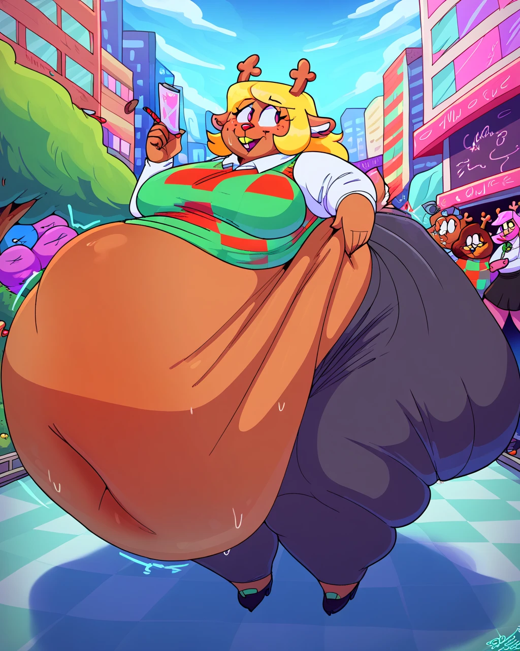 By mystikfox61, by glitter trap boy, by juiceps, by darkgem, solo, male, polar bear, white fur, green eyes, detailed eyes, detailed hands, muscular,obesefat overweight, musclegut, big biceps, smiling, glasses, wearing a full suit and tie, standing, street, outside, wonderful day out