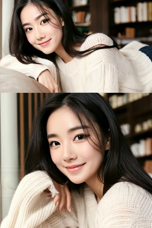 Studio Lighting, Depth of Field, full-body shot, slim, , Only cute face, Smile, Beautiful detailed eyes, 19 years old Japanese, beautiful, fluffy curls,Warm gold, square, casual