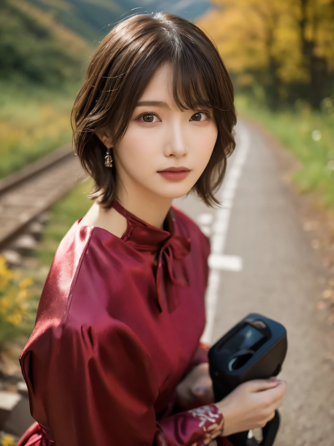 1 girl, A very beautiful portrait of a Japanese singer, ( Red Dress), ( gothic makeup), (RAW Photo Best Quality), (Realistic, Realistic:1.4), (masterpiece), Very detailed, 2k wallpaper, wonderful, finely, Very detailed, CG Unity 8k Wallpaper, Very detailed, high definition, Soft light, Beautiful Girl Carefully Drawn in Every Detail, Very detailed eyes with face, Beautiful and Elegant Nose, beautiful beautiful eyes, Film Lighting, (Bromide photography), (short hair), (The girl is standing on an abandoned railway line in a rough mountainous area:1.2), ( covered with weeds road), (An unmanned home with no roof and weeds growing), (Decayed sleeper), (autumn leaves), perfect anatomy, slender body, smaller breasts, Thin legs, whole body, I am so lonely, Random body orientation,