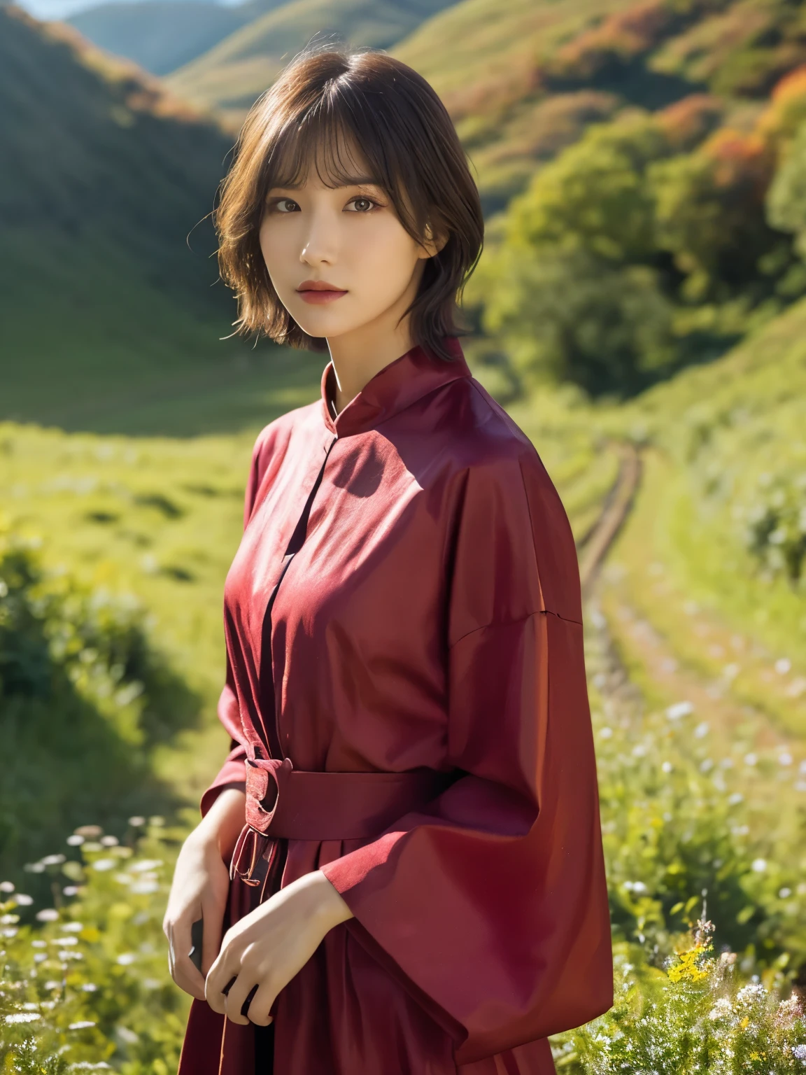 1 girl, A very beautiful portrait of a Japanese singer, ( Red Dress), ( gothic makeup), (RAW Photo Best Quality), (Realistic, Realistic:1.4), (masterpiece), Very detailed, 2k wallpaper, wonderful, finely, Very detailed, CG Unity 8k Wallpaper, Very detailed, high definition, Soft light, Beautiful Girl Carefully Drawn in Every Detail, Very detailed eyes with face, Beautiful and Elegant Nose, beautiful beautiful eyes, Film Lighting, (Bromide photography), (short hair), (The girl is standing on an abandoned railway line in a rough mountainous area:1.2), ( covered with weeds road), (An unmanned home with no roof and weeds growing), (Decayed sleeper), (autumn leaves), perfect anatomy, slender body, smaller breasts, Thin legs, whole body, I am so lonely, Random body orientation,