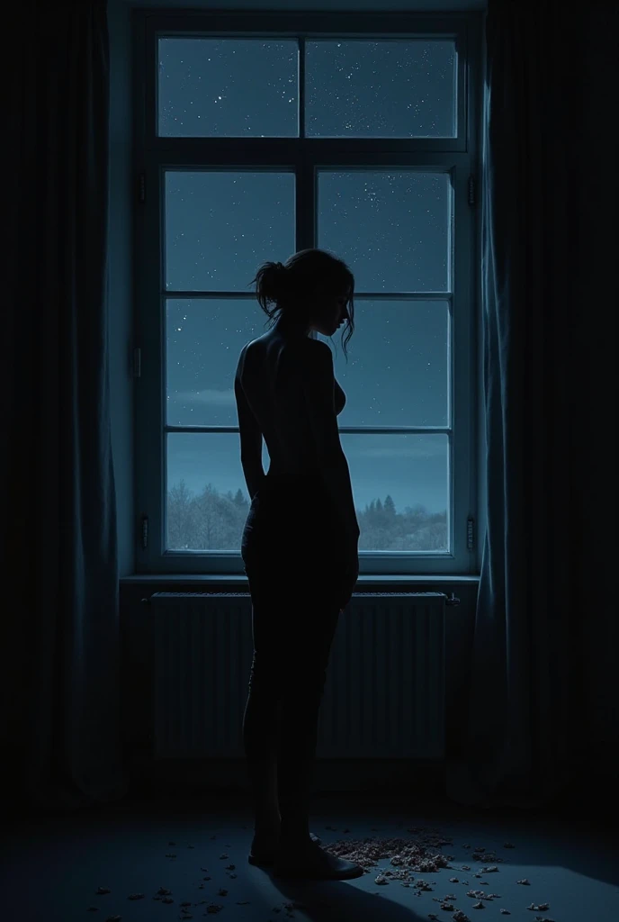 Young woman. almost naked. against the backdrop of the night city. window. drops. Attention to detail. a high resolution.
