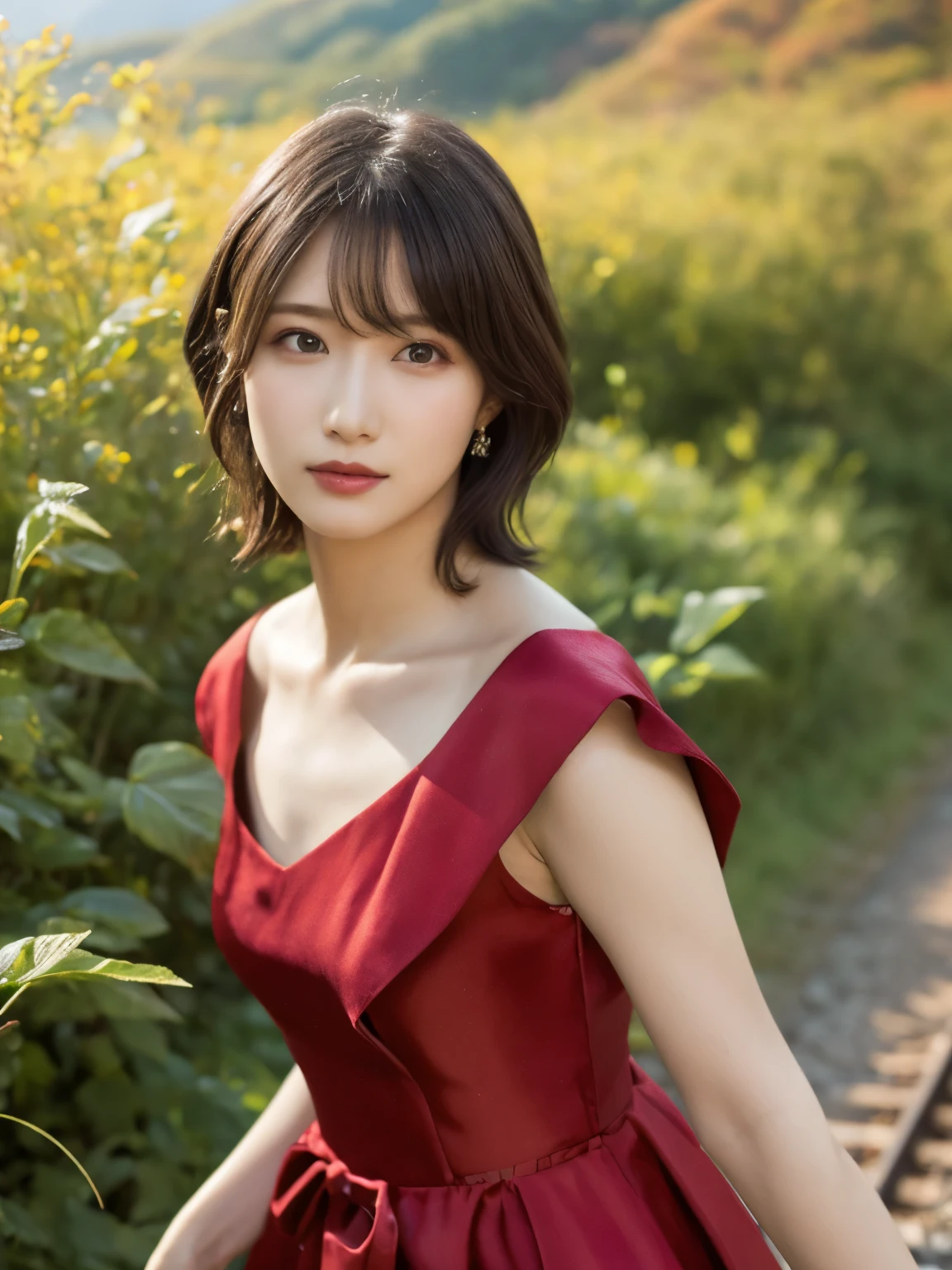 1 girl, A very beautiful portrait of a Japanese singer, ( Red Dress), ( gothic makeup), (RAW Photo Best Quality), (Realistic, Realistic:1.4), (masterpiece), Very detailed, 2k wallpaper, wonderful, finely, Very detailed, CG Unity 8k Wallpaper, Very detailed, high definition, Soft light, Beautiful Girl Carefully Drawn in Every Detail, Very detailed eyes with face, Beautiful and Elegant Nose, beautiful beautiful eyes, Film Lighting, (Bromide photography), (short hair), (The girl is standing on an abandoned railway line in a rough mountainous area:1.2), ( covered with weeds road), (An unmanned home with no roof and weeds growing), (Decayed sleeper), (autumn leaves), perfect anatomy, slender body, smaller breasts, Thin legs, whole body, I am so lonely, Random body orientation,