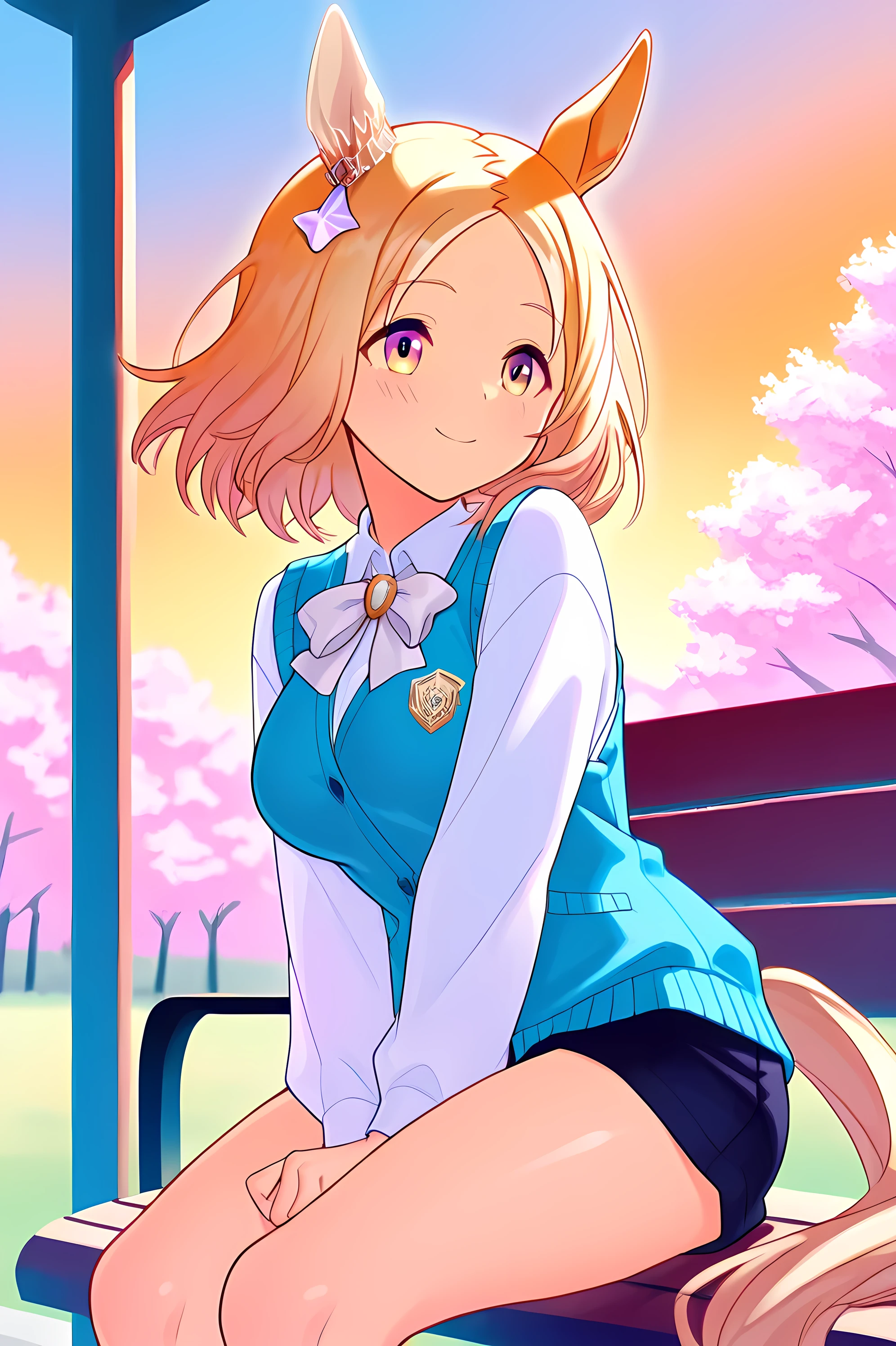 narita top road \(umamusume\),horse tail, short hair, animal ears, ear ornament, ear covers, single ear cover,(((masterpiece))),(((detailed)))((best quality)),((hyper detailed)),(beautiful),((shinythighs)),(((shiny skin))),(high quality skin),((8k)),((high resolution)),narita top road \(umamusume\),horse tail, short hair, animal ears, ear ornament, ear covers, single ear cover,(((masterpiece))),(((detailed)))((best quality)),((hyper detailed)),(beautiful),((shinythighs)),(((shiny skin))),(high quality skin),((8k)),((high resolution)),smile and blush,closed mouth,Gazing Skyward,floating hair,sitting on bench,hands on own thigh,Lakeside at Sunset and sunset light, spring flowering and cherry blossom storm,orange sky,white color shirt bow,blue color cardigan vest,black color denim shorts,from side,eye level shot,cowboy shot,