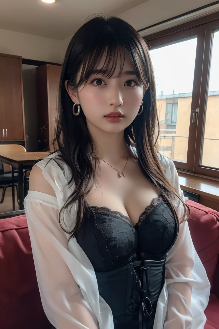 (Masterpiece, Best quality, Photorealistic, Beautiful lighting, Cinematic lighting, Glossy glossy skin, Medium breasts, Glowing eyes, Glowing hair, Vibrant colors,) Office, Pantyhose, White shirt, Black skirt, White hair, Orange eyes, Long hair, Messy hair, hair on one eye, From above, sit on chair, Crossed legs, Black stiletto heels, button- shirt, Open the button shirt, Black lingerie bra, choker necklace, rolled up sleeves,