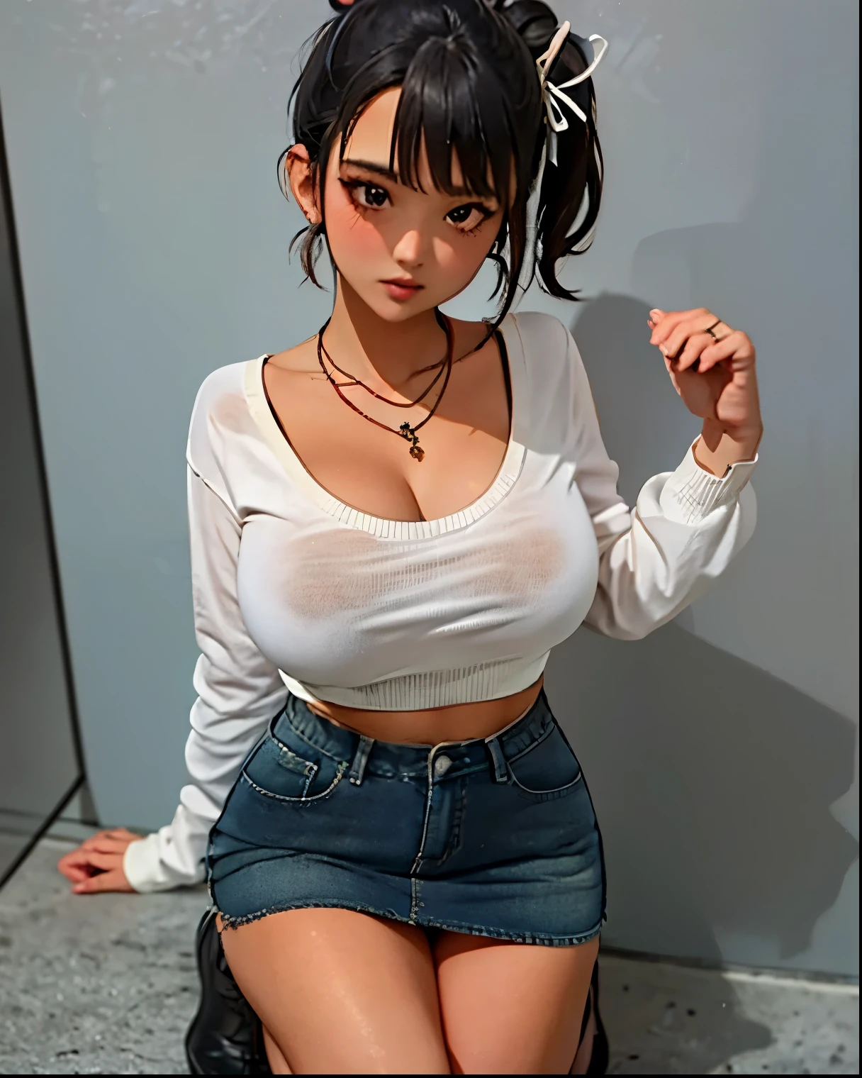 (Best Quality, 8k, 32K, masterpiece, Ultra High Resolution:1.2),pictures of beautiful Japanese women, big breasts, very short bob hair,full body,(oversized_ sweater ,:1.1) necklace, simple background, look around, denim_skirt,full body,Striking a pose