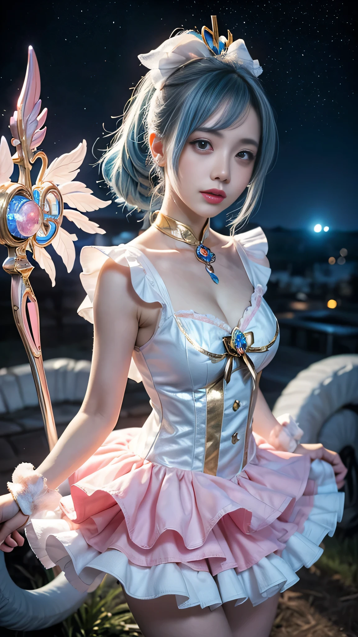 1girl, solo, masterpiece, best quality, high resolution, ultra-detailed,
((Side ponytail)),((light blue hair:1.2)), blue eyes, beautiful face, soft lighting, clean background,
((Magical girl costume:1.5)), ((Pastel pink and white frilly mini dress:1.2)),((Pastel pink and white frilly mini dress:1.2)),
Holding a magic wand pointed at the sky, front view from a slightly upward angle,
smooth skin, perfect lighting, glamorous,
Fantasy world with glowing stars and magic circles in the night sky,
translucent skin, soft glow, ethereal effect