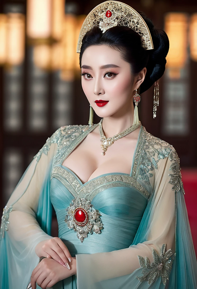 From the pre-Qing period, The Empress is naked on the gold sofa in the palace, Her eyes are wide open, Her legs were spread, big naked breasts. At the Chinese court during the Qing Dynasty, Empress of the Qing Dynasty, Empress of China, Wearing a large crown, Belly and thighs visible from below.。She is completely naked, Showing off gorgeous large flowers and hairpins, She tied her hair up and pulled it up, 背景はEmpress of the Qing Dynastyの豪華な宮殿.