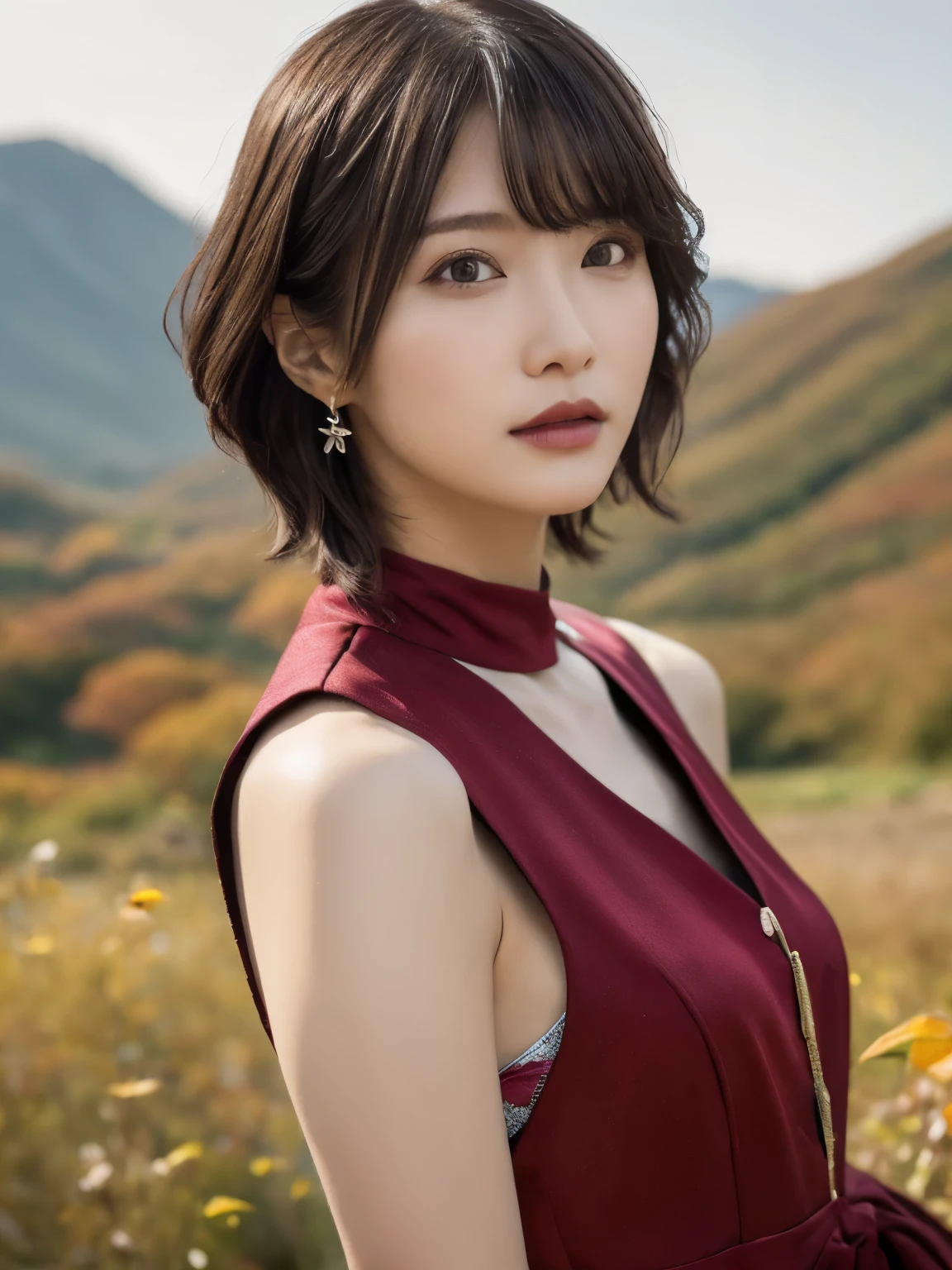 1 girl, A very beautiful portrait of a Japanese singer, ( Red Dress), ( gothic makeup), (RAW Photo Best Quality), (Realistic, Realistic:1.4), (masterpiece), Very detailed, 2k wallpaper, wonderful, finely, Very detailed, CG Unity 8k Wallpaper, Very detailed, high definition, Soft light, Beautiful Girl Carefully Drawn in Every Detail, Very detailed eyes with face, Beautiful and Elegant Nose, beautiful beautiful eyes, Film Lighting, (Bromide photography), (short hair), (The girl is standing on an abandoned railway line in a rough mountainous area:1.2), ( covered with weeds abandoned railway line ), (An unmanned home with no roof and weeds growing), (Decayed sleeper), (autumn leaves), perfect anatomy, slender body, smaller breasts, Thin legs, whole body, I am so lonely, Random body orientation,