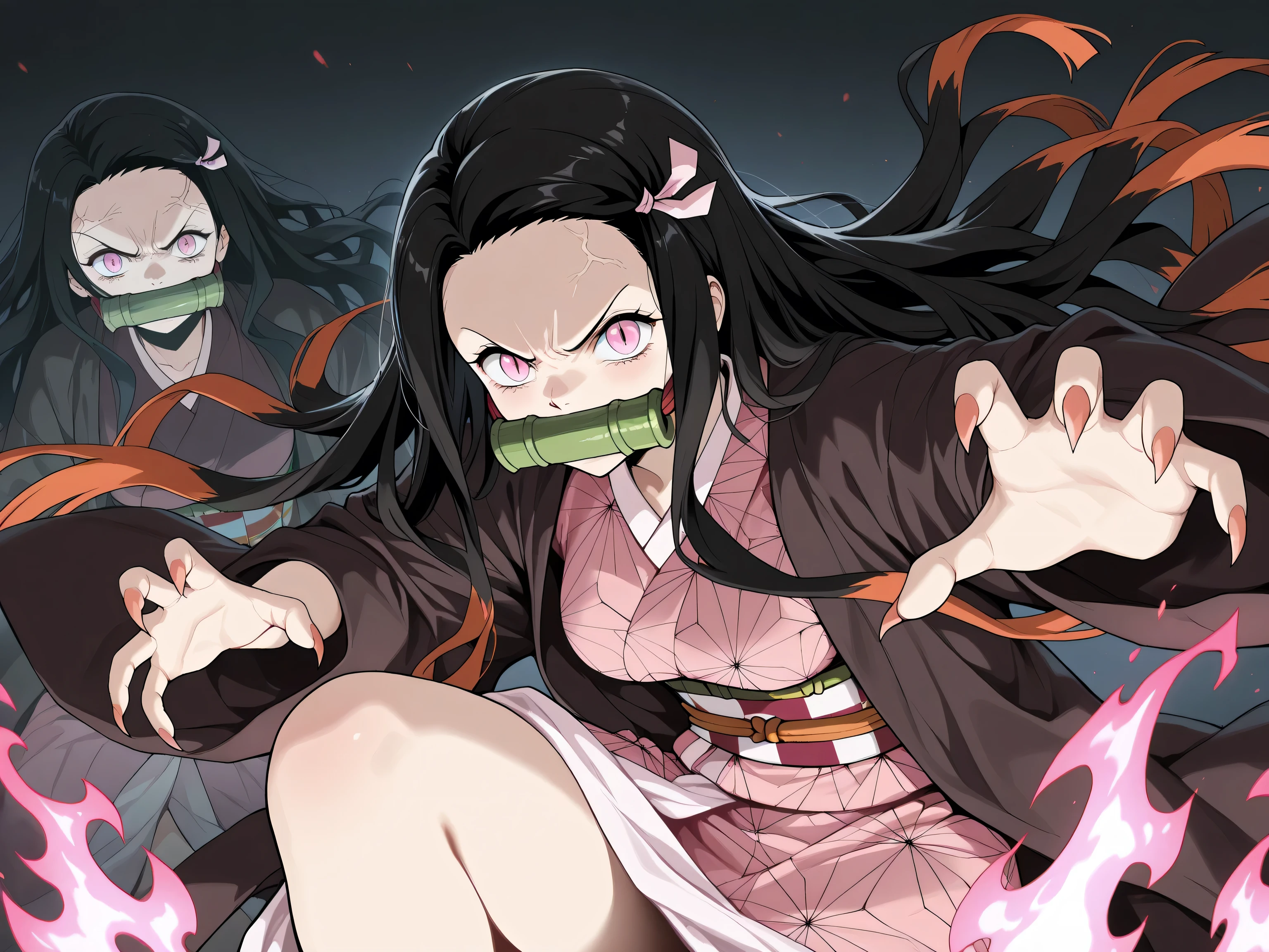 Meisterwerk, best quality, amazing quality, very aesthetic, Side shot, 1 girl,  rosa Augen, runny hair, black hair, rote Haare, langes Haar, asymmetrical hairline, (medium breasts), very sweet, nice, kamado_Nezuko, slit pupils,  gag , gag ged, A bit of gagging , Stirn, pink Band, Band, Japanese clothing, Kimono, pink Kimono, Allein, Looking at the viewer, angry face, fighting position,  sharp fingernails , pink flames