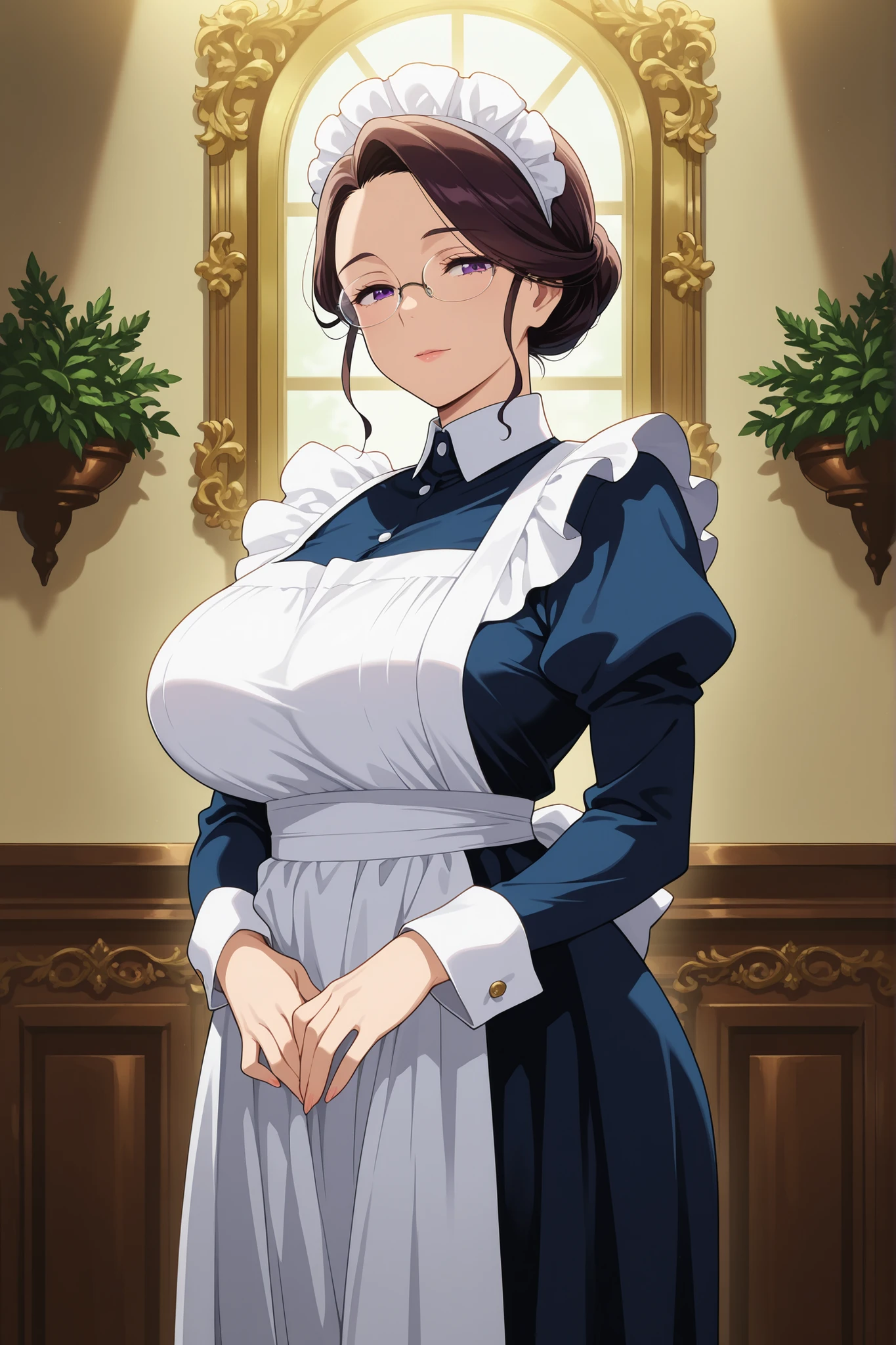 masterpiece,best quality,amazing quality,very aesthetic,newest,anime screencap,1girl,maid,mature female,glasses,curvy,elegant pose,intricate details,detailed facial features,serene expression,soft lighting,ornate background,ornamental decor,delicate textures,vibrant colors,cinematic lighting,dramatic shadows,high resolution,8K,ultra-detailed,photorealistic,professional portrait