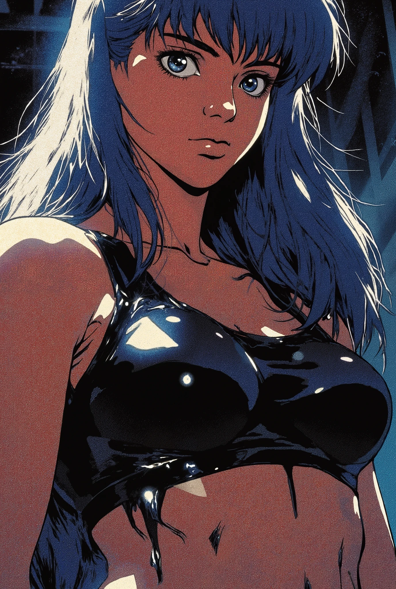 (Close-up of a better masterpiece:1.5)0.9], (sensual face:1.1), (huge breasts:1.8) (curvy:1.6) (plump:1.4) (wide hips:1.8) (thick thighs) (long blue hair with bangs:1.1) (light blue eyes:1.2) (wet tank top) (midriff) (A radiant glow:1.1) (thick glossy lips:1.0) (sweaty skin:0.7), cinematic lighting, dark alley, bimbo lips, huge lips,