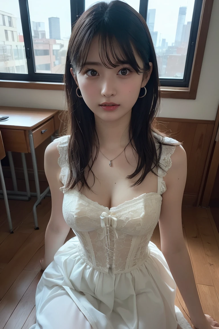 ,(((Pixel perfect, Perfect details))), alone, 1 girl, yuigahama yui, Close-up of beautiful bride wearing beautiful wedding dress,Gurwitz, (bridal veil:1.5),(transparent short veil:1.5),blush,eye shadow,Blushing face,Head flower,headgear,bouquet,(tube top wedding dress:1.5),(silk dress:1.2),(strapless wedding dress:1.5),pure white dress,necklace,earrings,(large breasts:1.3),Bangs,lipstick,(White long elbow gloves:1.4),whole body照,High-detail RAW color art,White long skirt,whole body,(in the classroom:1.3),18 years old, (long twintails:1.5),(double bun:1.5), black hair