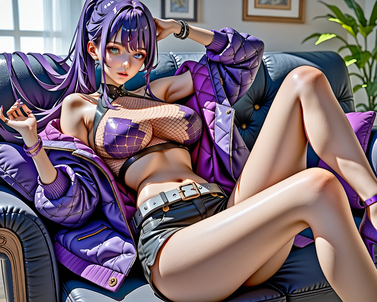 ((top quality, 8k, masterpiece: 1.3, ultra hd, high quality, best quality, high definition, realism)), sharp focus: 1.5, Beautiful woman with a muscular body, Beautiful purple eyes, Sharp eyes, Cruel face, thin face, soft shiny purple hair, big tits, The shape of the nipple is clearly visible, Abs, Arm muscle, Sexy and seductive pose On Chair, thighs wide open, pubic hair