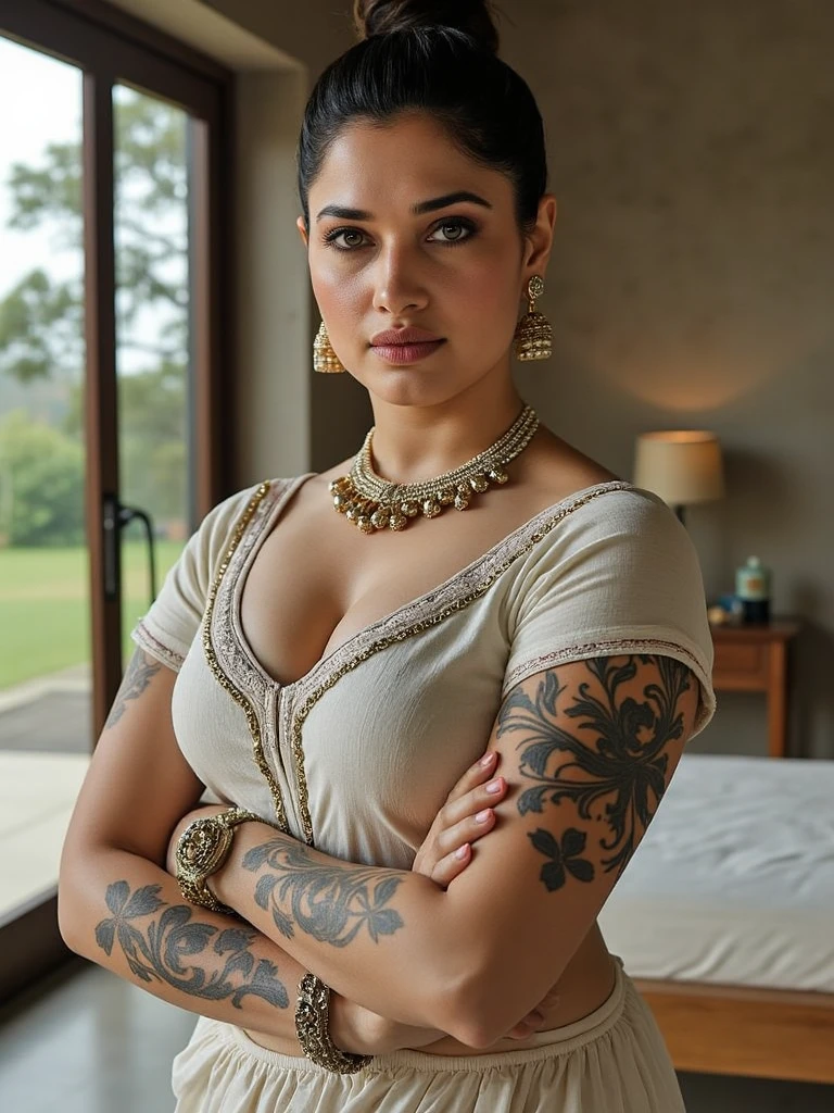 Aishwarya Rai as tattoo model, fully body covered with tattoo, head to toe photo, exposing full densely tattooed body, neck tattoo, showing entire body, mature curvy milf figure, breasts out, healthy milf figure, ponytail hair, posing on ramp in beach, bright sunny day, big breasts, seductive face, look at camera and smile, ?????? adult face, 45 yo, volumetric lights, intricate details, (ArtStation:1.2)